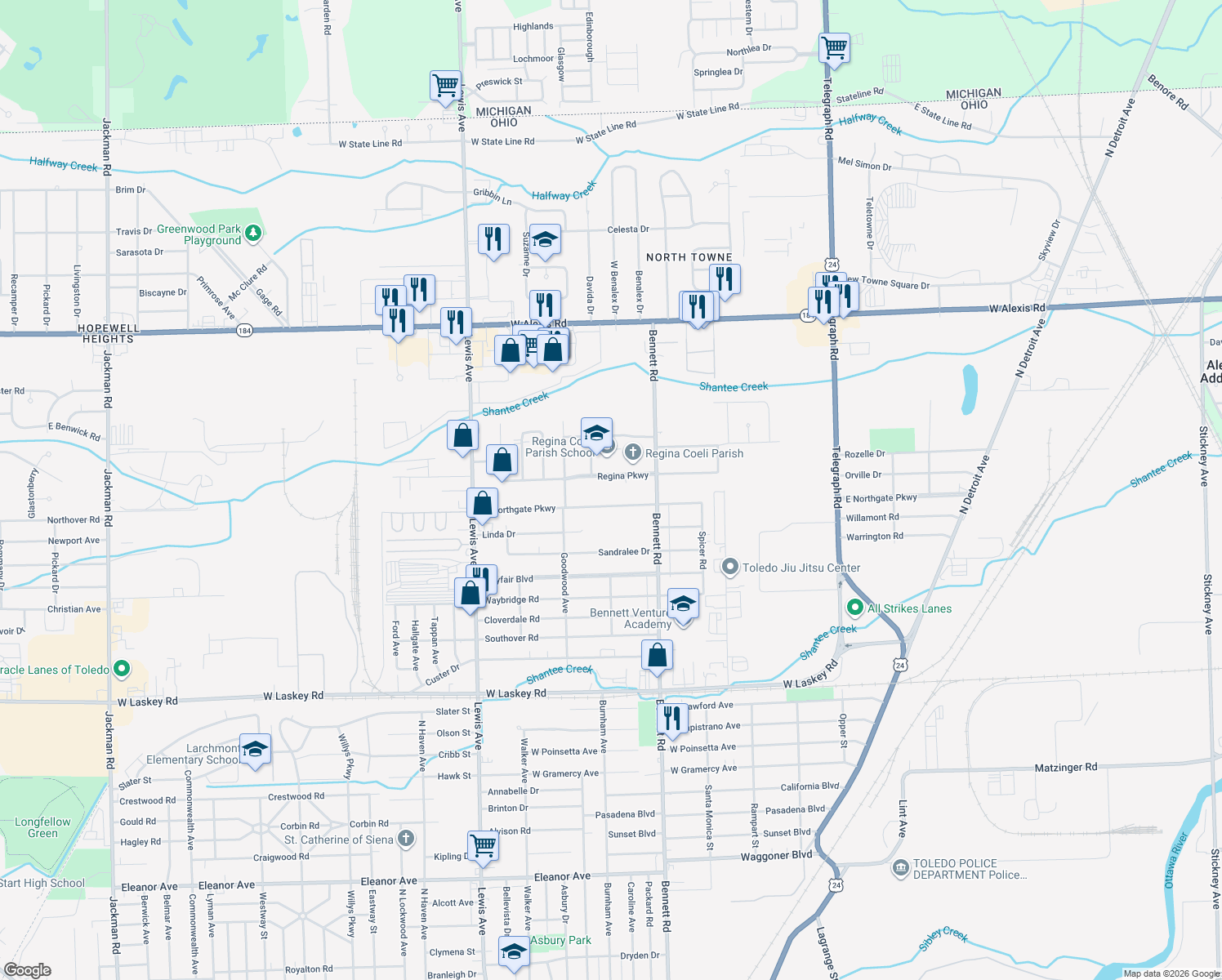 map of restaurants, bars, coffee shops, grocery stores, and more near 5381 Bennett Rd in Toledo