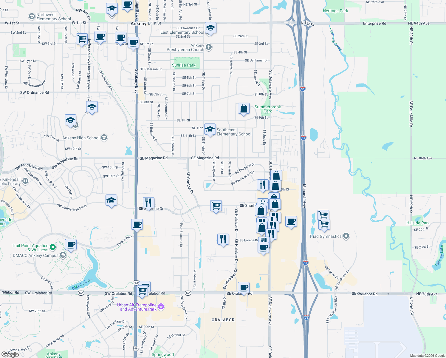 map of restaurants, bars, coffee shops, grocery stores, and more near 709 Southeast Chaparal Drive in Ankeny