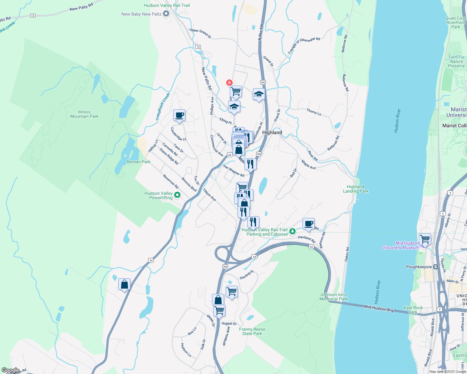 map of restaurants, bars, coffee shops, grocery stores, and more near 9 Roberto Avenue in Highland