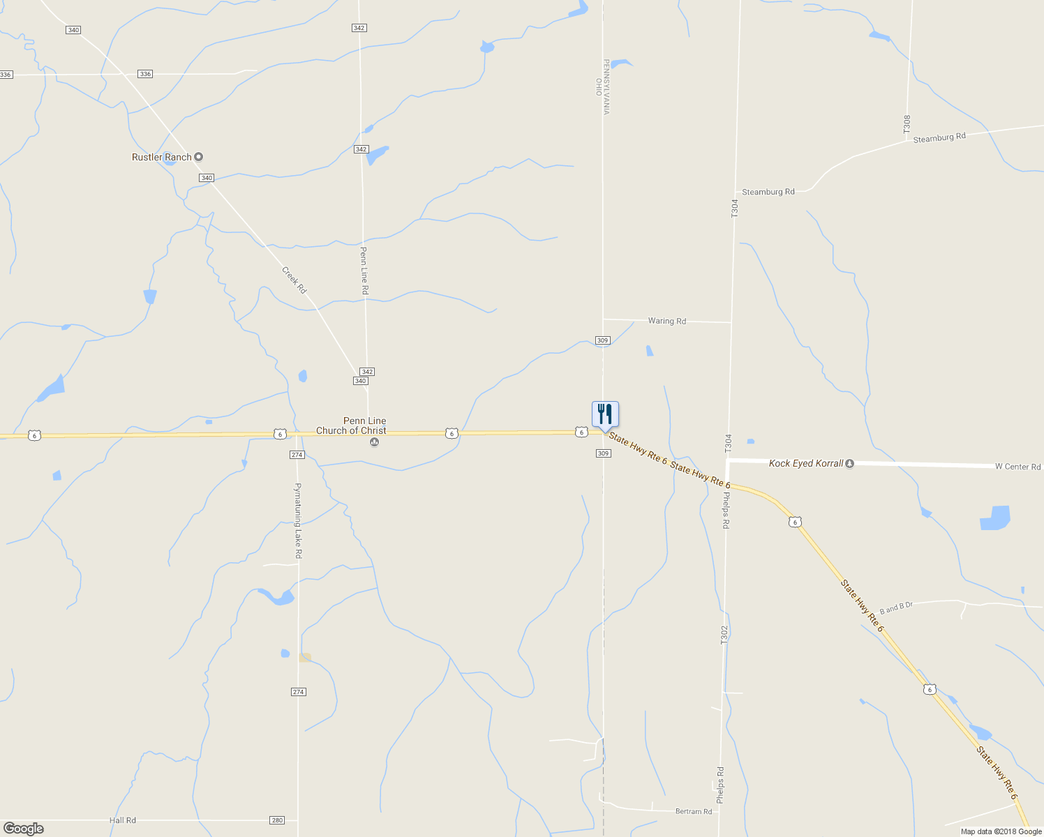 map of restaurants, bars, coffee shops, grocery stores, and more near 7237 U.S. 6 in Pierpont