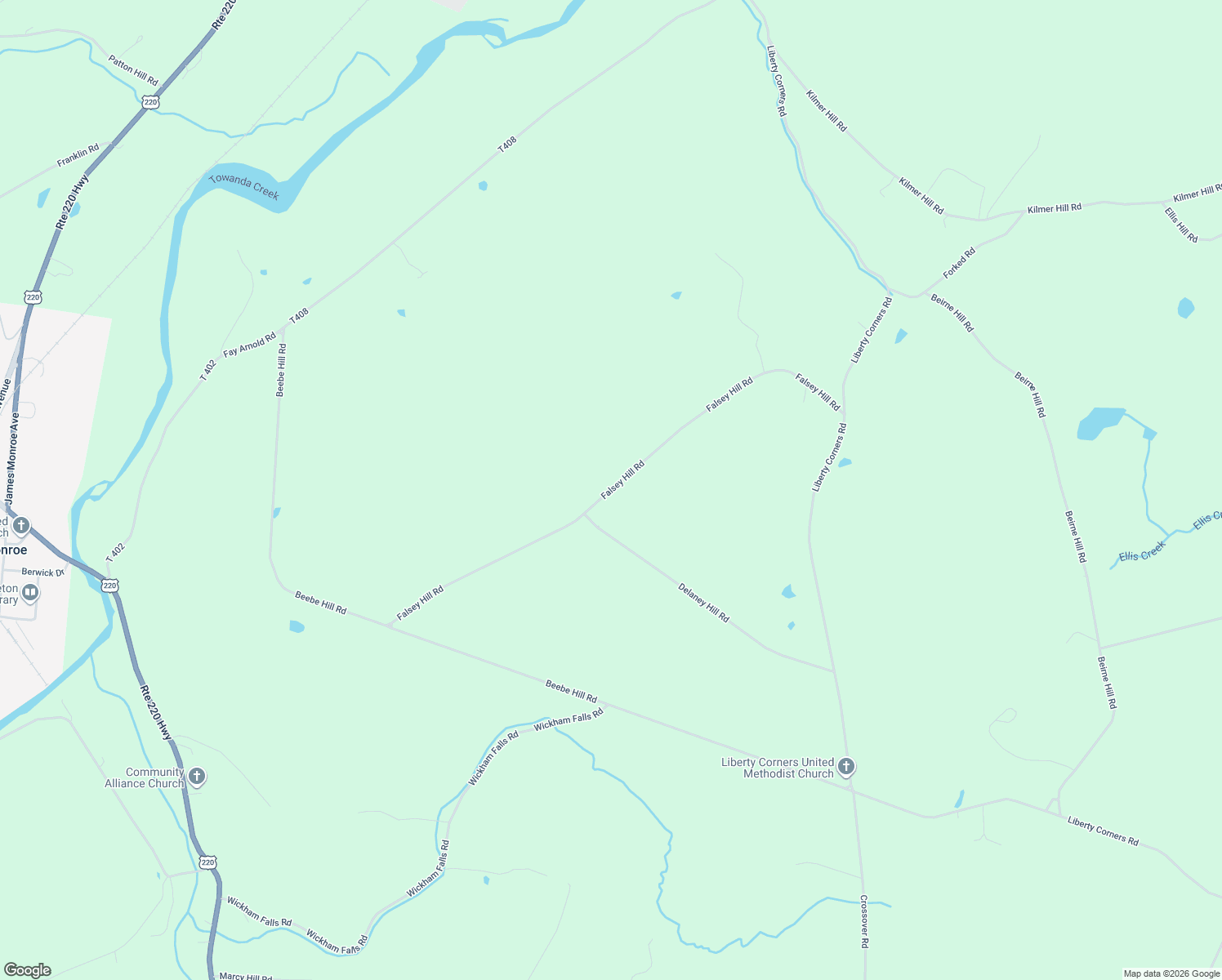 map of restaurants, bars, coffee shops, grocery stores, and more near Falsey Hill Road in Bradford County