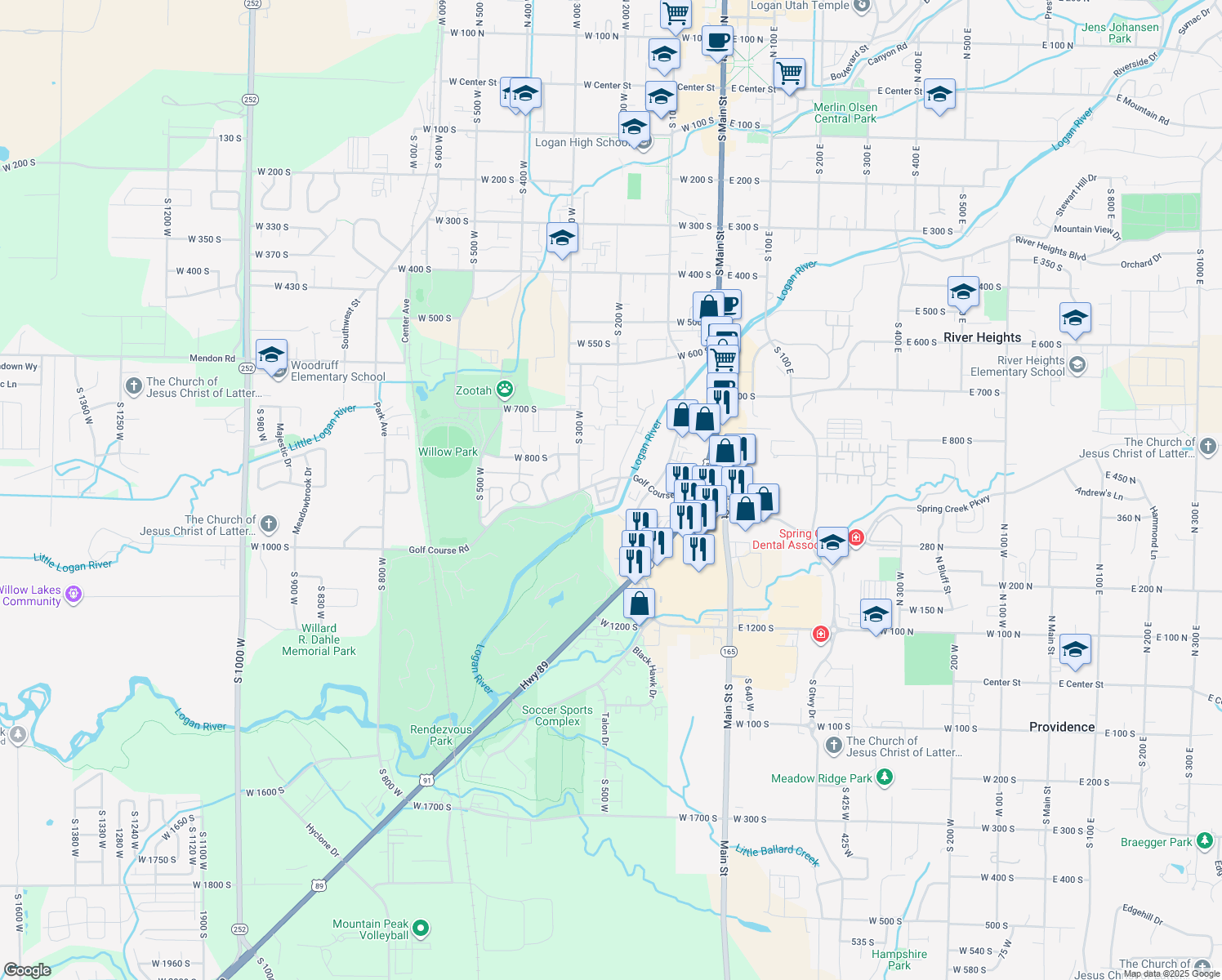 map of restaurants, bars, coffee shops, grocery stores, and more near 238 West 1010 South in Logan
