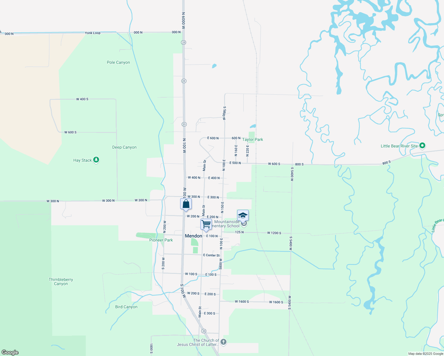 map of restaurants, bars, coffee shops, grocery stores, and more near 97 East 400 North in Mendon