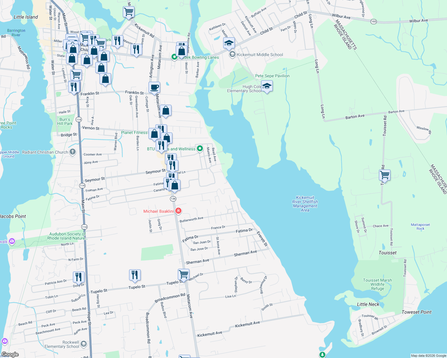 map of restaurants, bars, coffee shops, grocery stores, and more near 13 Bay Rd in Warren