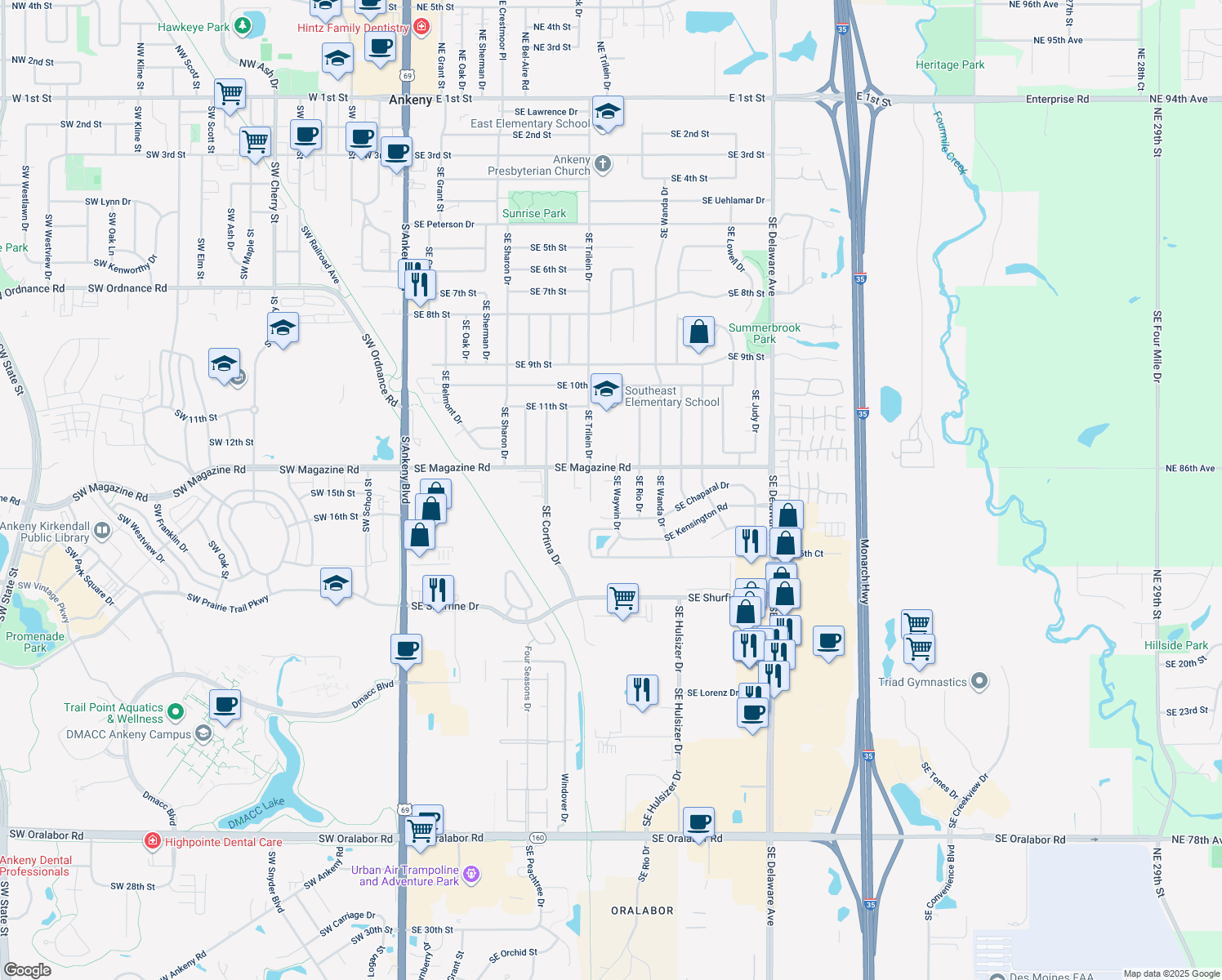 map of restaurants, bars, coffee shops, grocery stores, and more near 1414 SE Waywin Dr in Ankeny