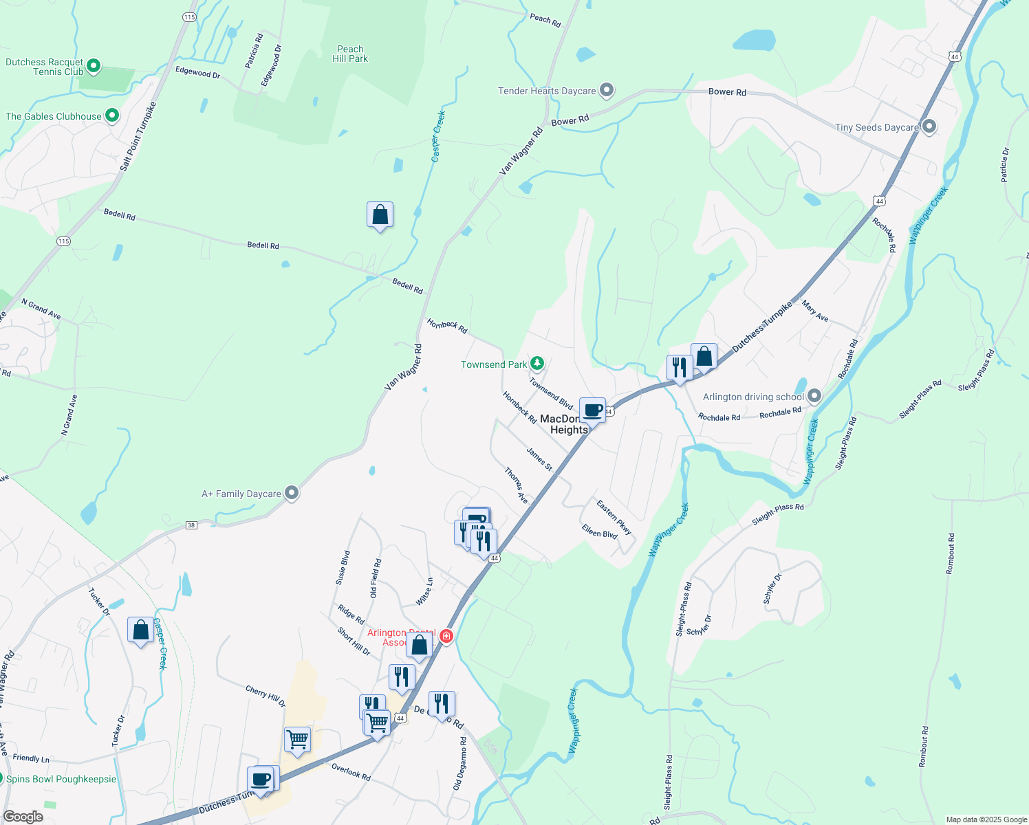 map of restaurants, bars, coffee shops, grocery stores, and more near 29 Hornbeck Road in Poughkeepsie