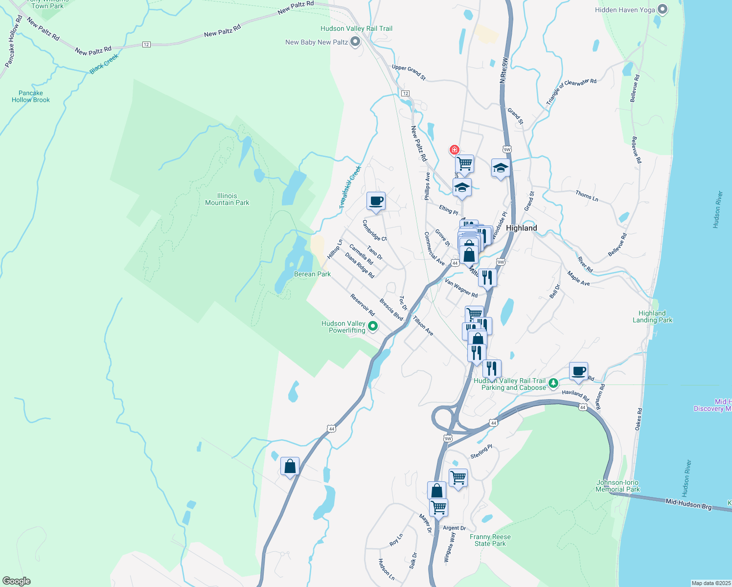 map of restaurants, bars, coffee shops, grocery stores, and more near 25 Brescia Blvd in Highland
