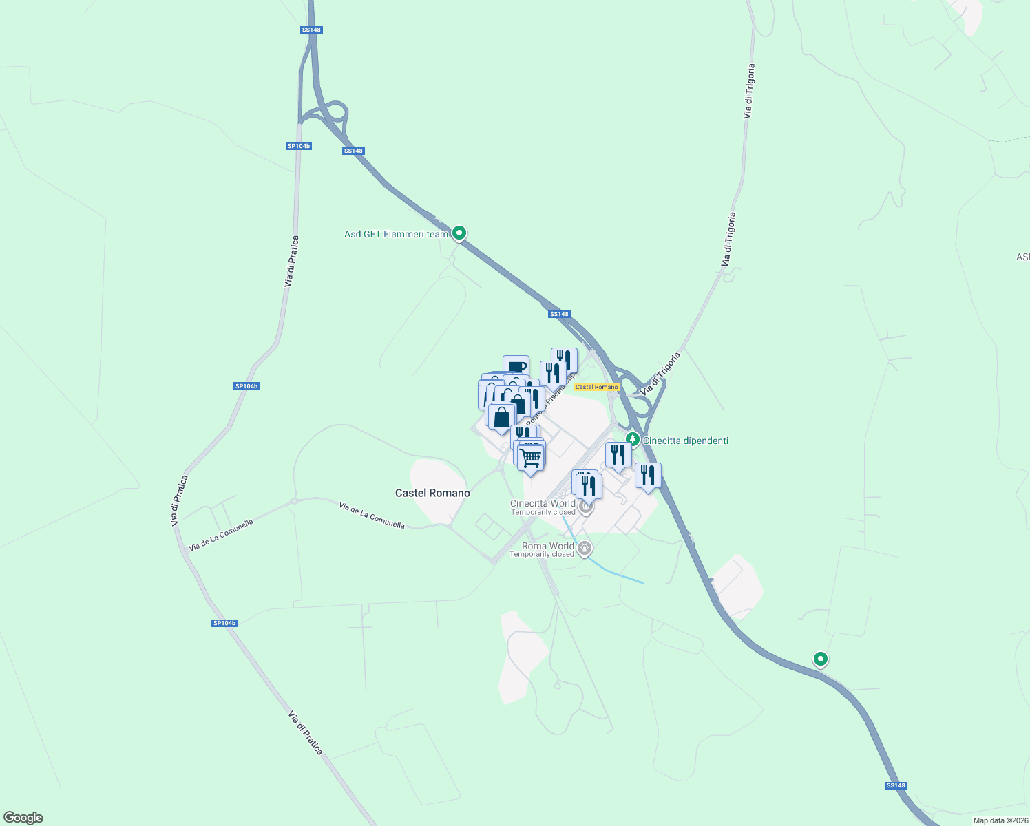 map of restaurants, bars, coffee shops, grocery stores, and more near 64 Via del Ponte di Piscina Cupa in Roma