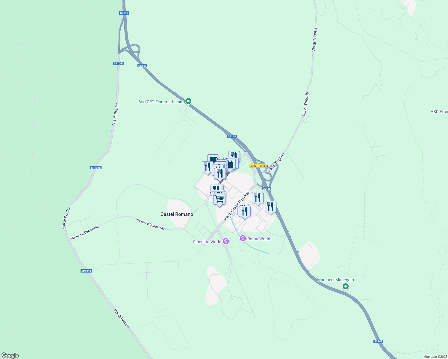 map of restaurants, bars, coffee shops, grocery stores, and more near Via del Ponte di Piscina Cupa in Città Metropolitana di Roma