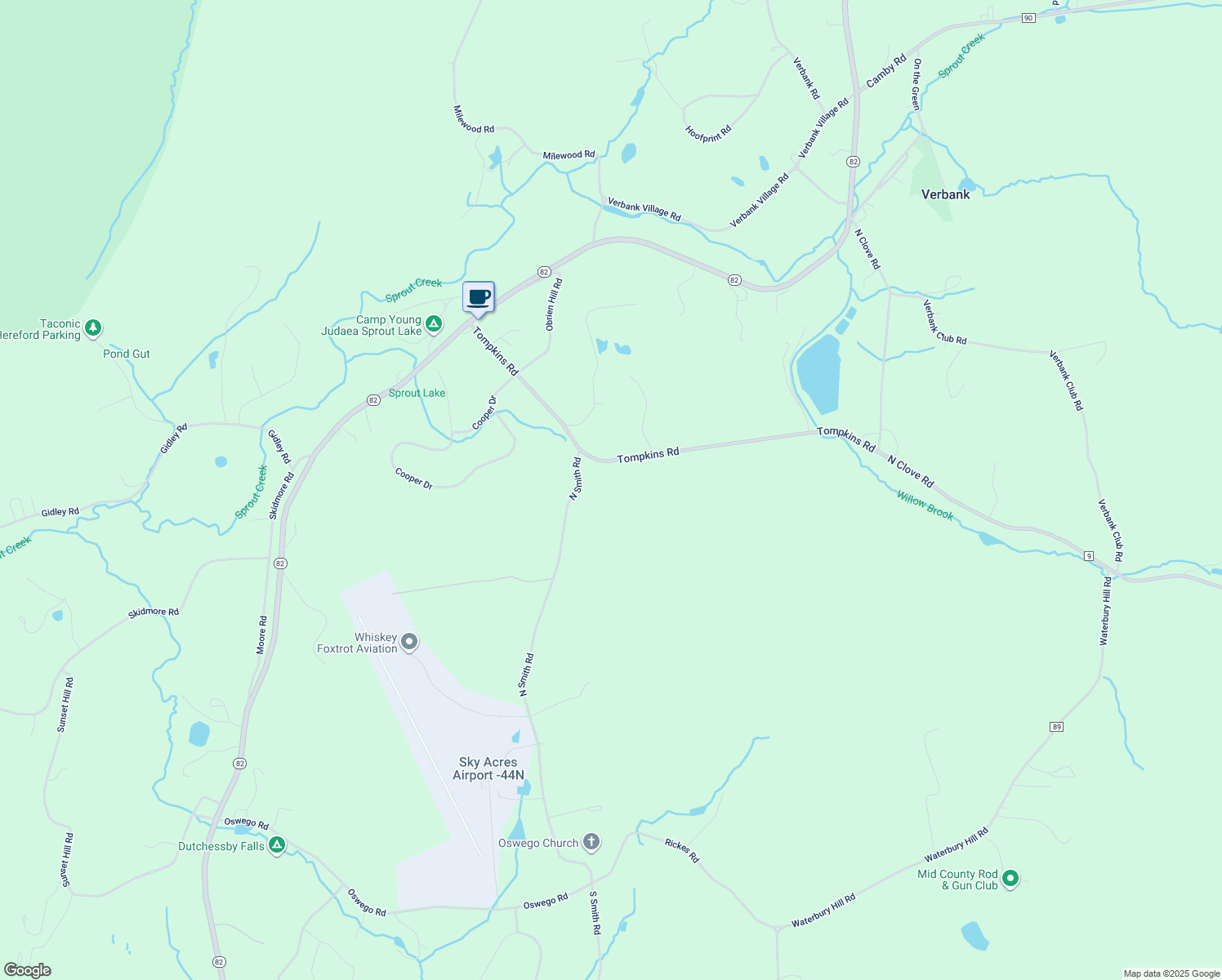 map of restaurants, bars, coffee shops, grocery stores, and more near 108 Tompkins Road in Lagrangeville