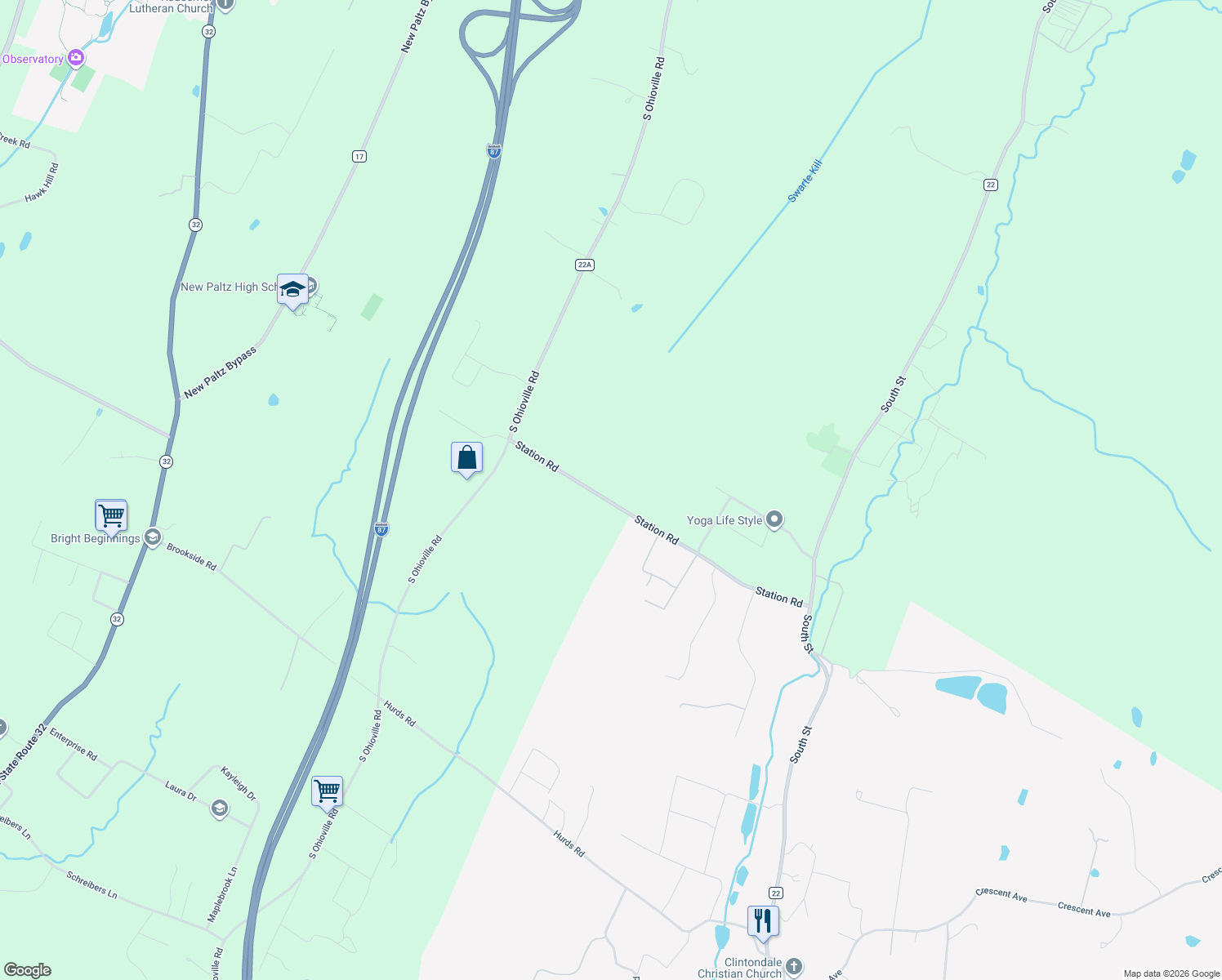 map of restaurants, bars, coffee shops, grocery stores, and more near 135 Station Road in New Paltz