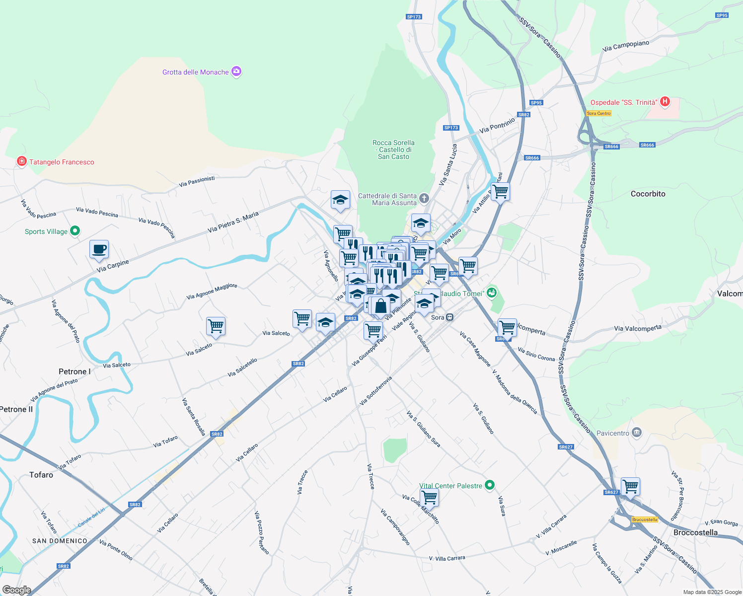 map of restaurants, bars, coffee shops, grocery stores, and more near 19 Via Napoli in Sora