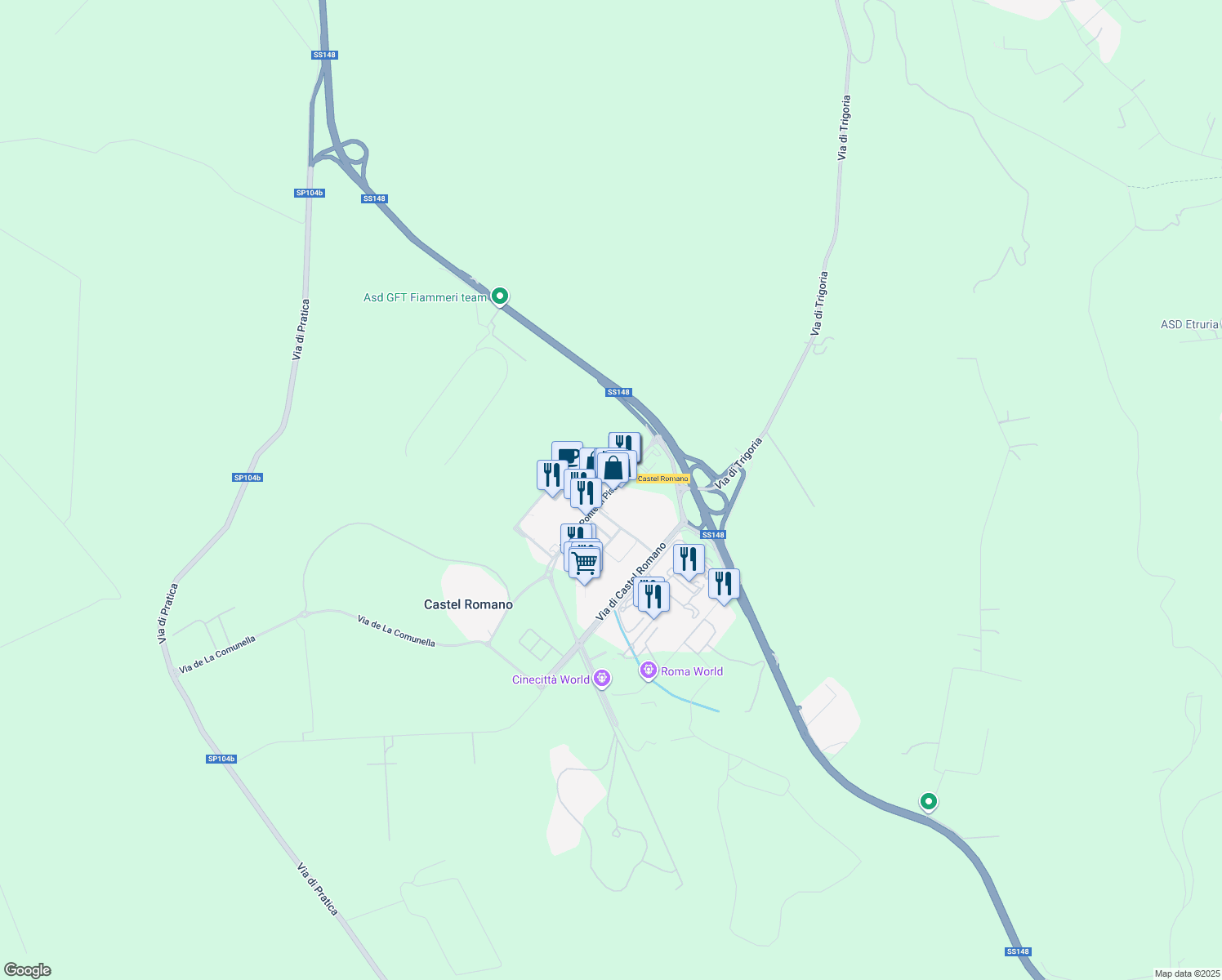 map of restaurants, bars, coffee shops, grocery stores, and more near Via del Ponte di Piscina Cupa in Città Metropolitana di Roma