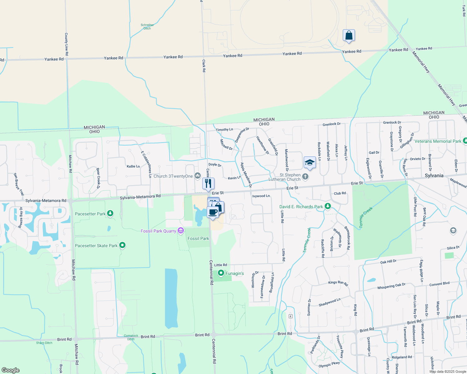 map of restaurants, bars, coffee shops, grocery stores, and more near 8144 Erie St in Sylvania