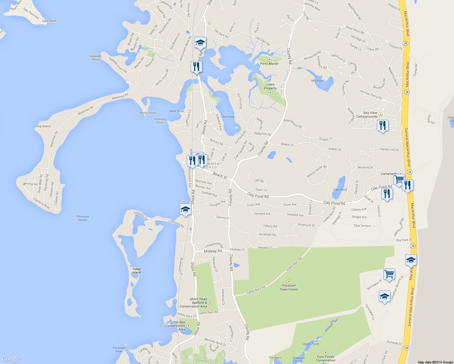 map of restaurants, bars, coffee shops, grocery stores, and more near 60 Beach Street in Bourne