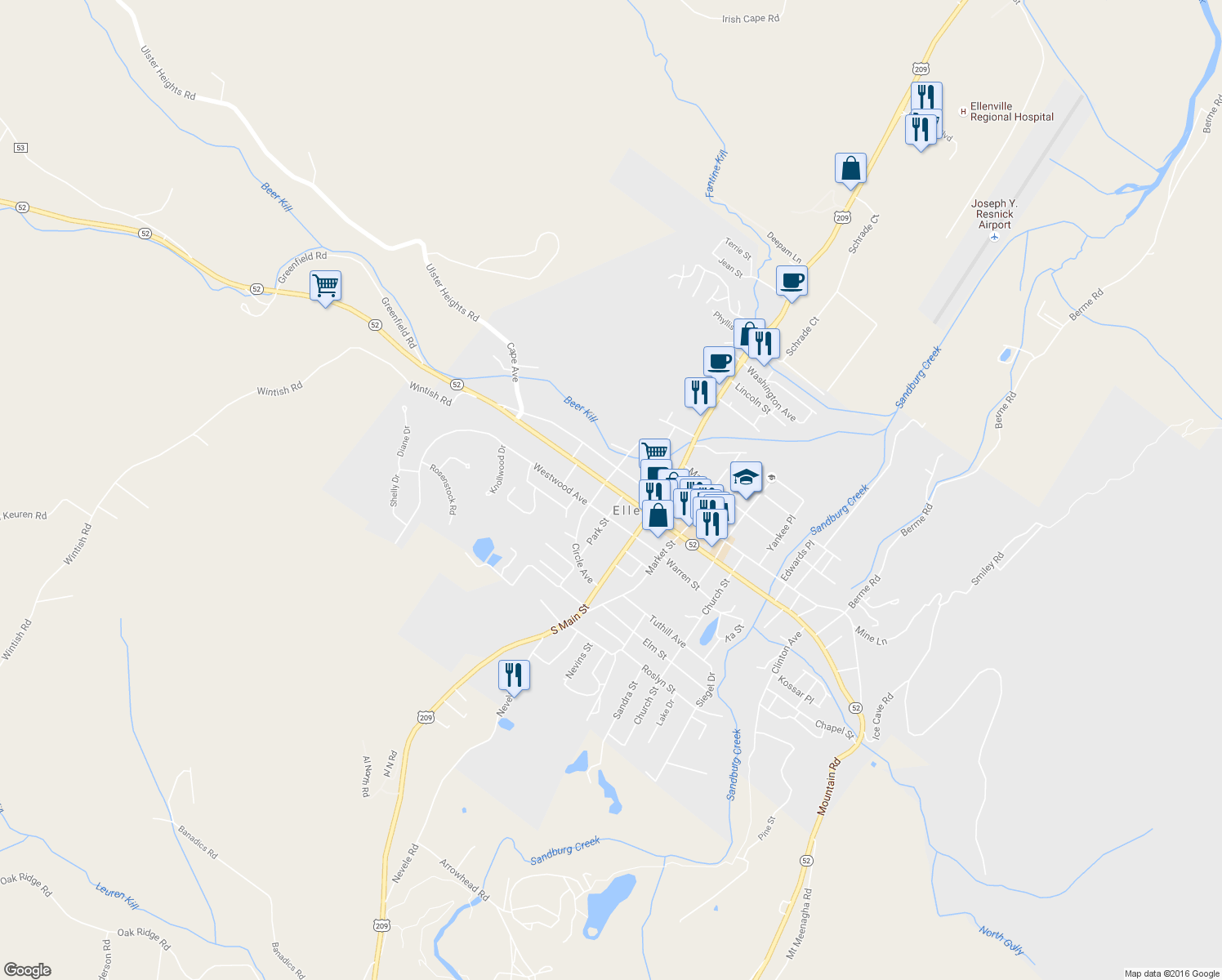 map of restaurants, bars, coffee shops, grocery stores, and more near 45 Center Street in Ellenville