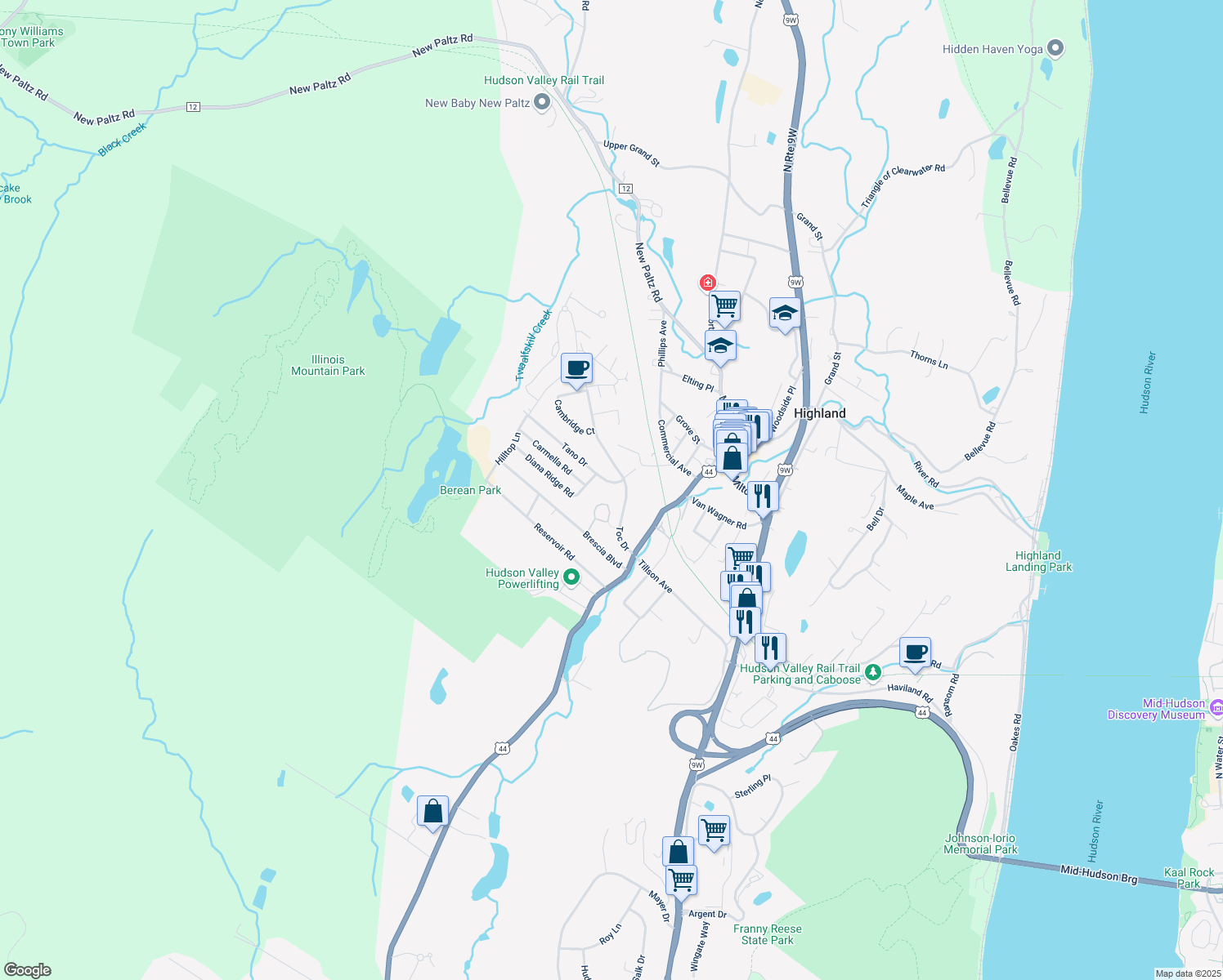 map of restaurants, bars, coffee shops, grocery stores, and more near 1 Tano Dr in Highland