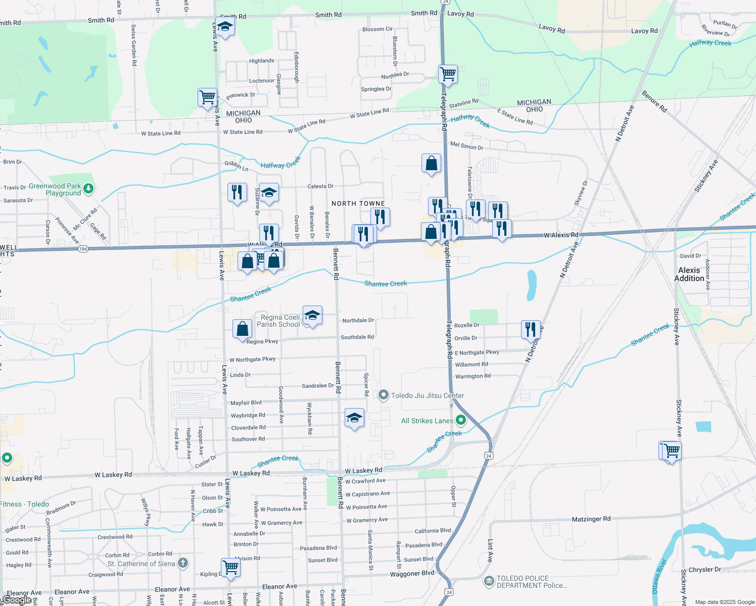 map of restaurants, bars, coffee shops, grocery stores, and more near 5549 Silverdale Dr in Toledo