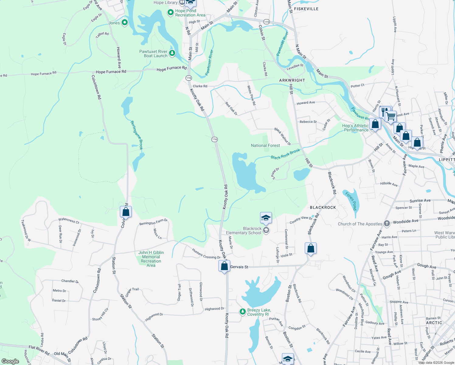 map of restaurants, bars, coffee shops, grocery stores, and more near 689 Knotty Oak Rd in Coventry
