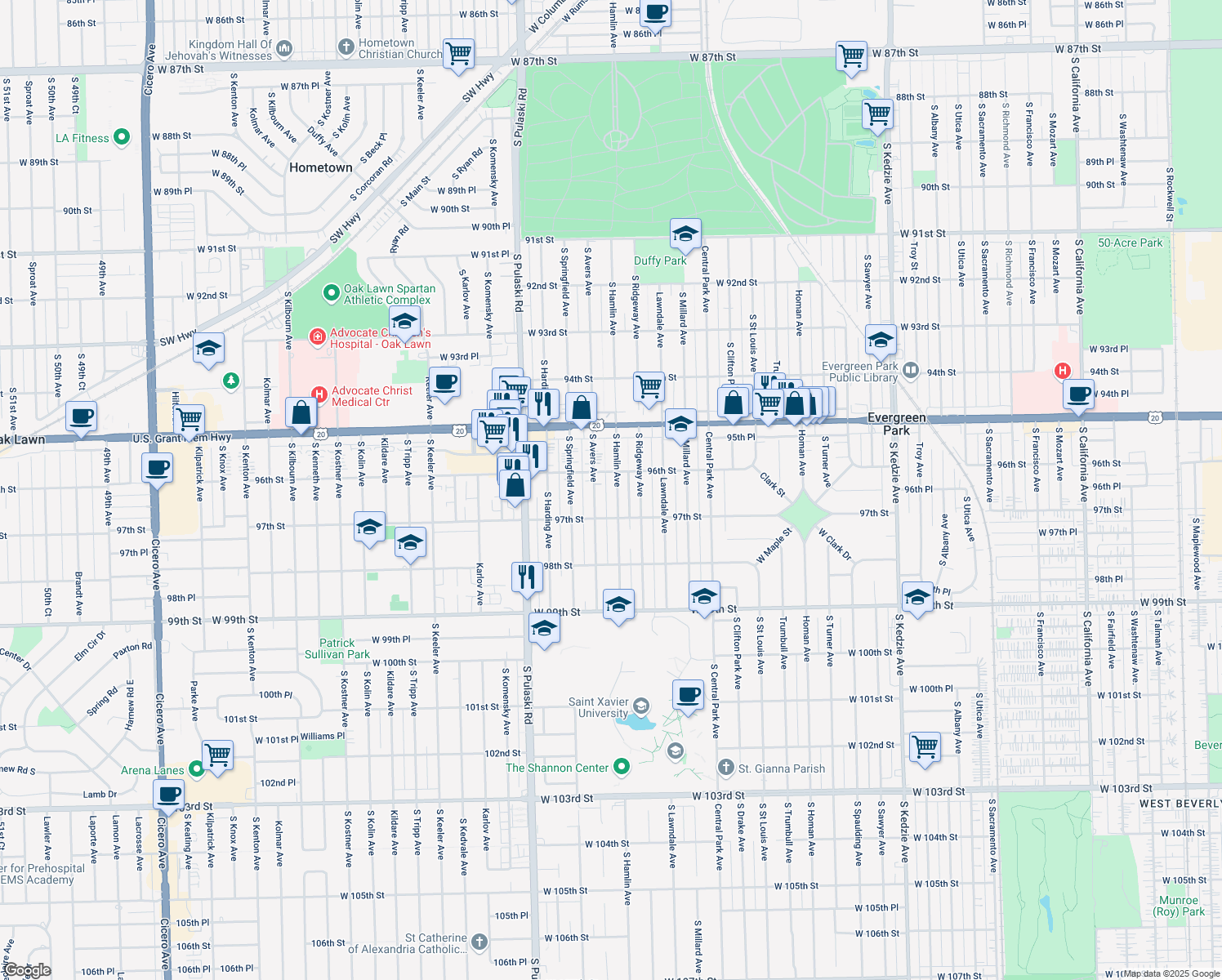 map of restaurants, bars, coffee shops, grocery stores, and more near 9624 South Hamlin Avenue in Evergreen Park