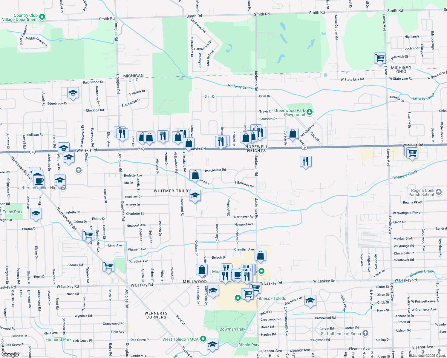 map of restaurants, bars, coffee shops, grocery stores, and more near 1848 E Benwick Rd in Toledo