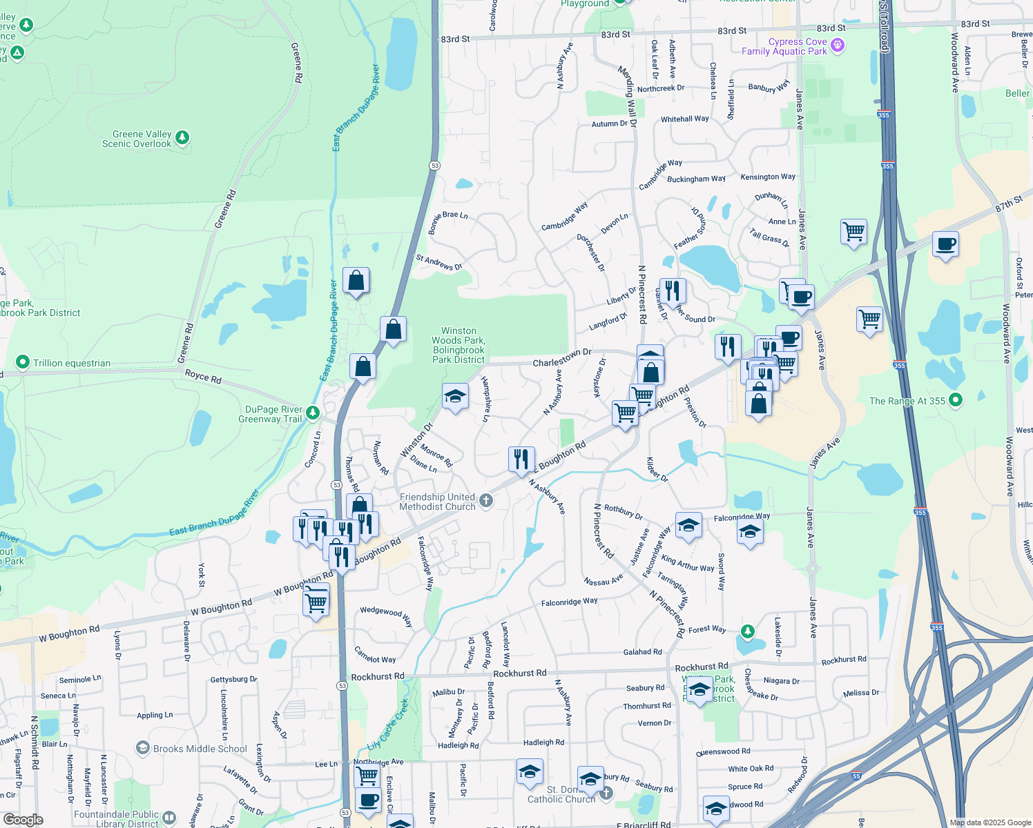 map of restaurants, bars, coffee shops, grocery stores, and more near 601 Derbyshire Ln in Bolingbrook