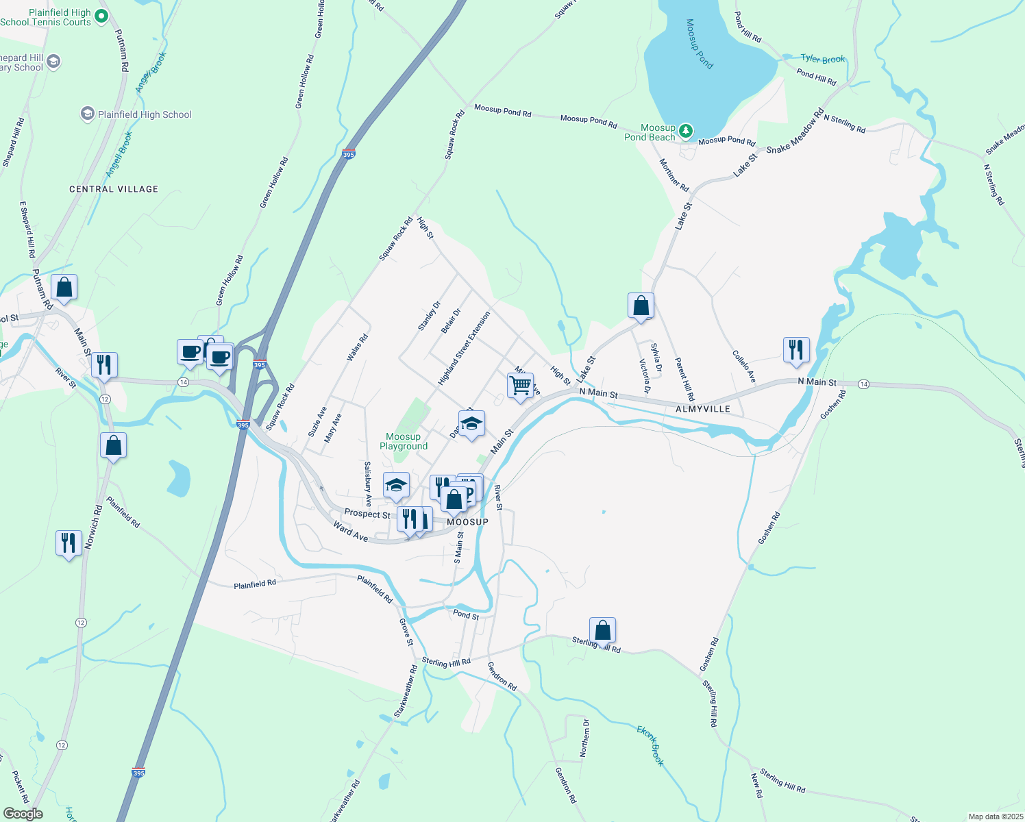 map of restaurants, bars, coffee shops, grocery stores, and more near 205 Main St in Plainfield