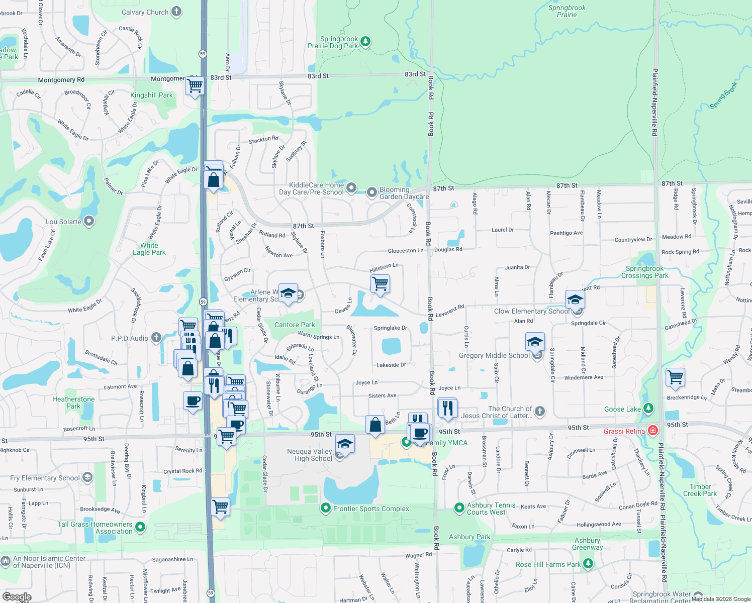 map of restaurants, bars, coffee shops, grocery stores, and more near 2508 Bar Harbor Court in Naperville