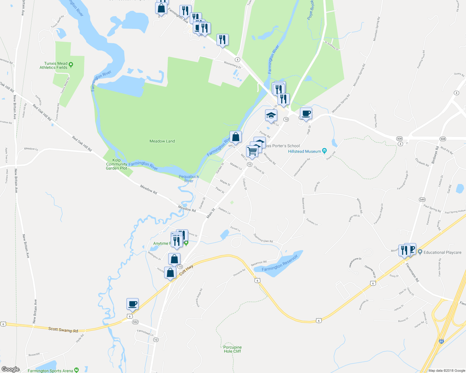 map of restaurants, bars, coffee shops, grocery stores, and more near 113 Main Street in Farmington