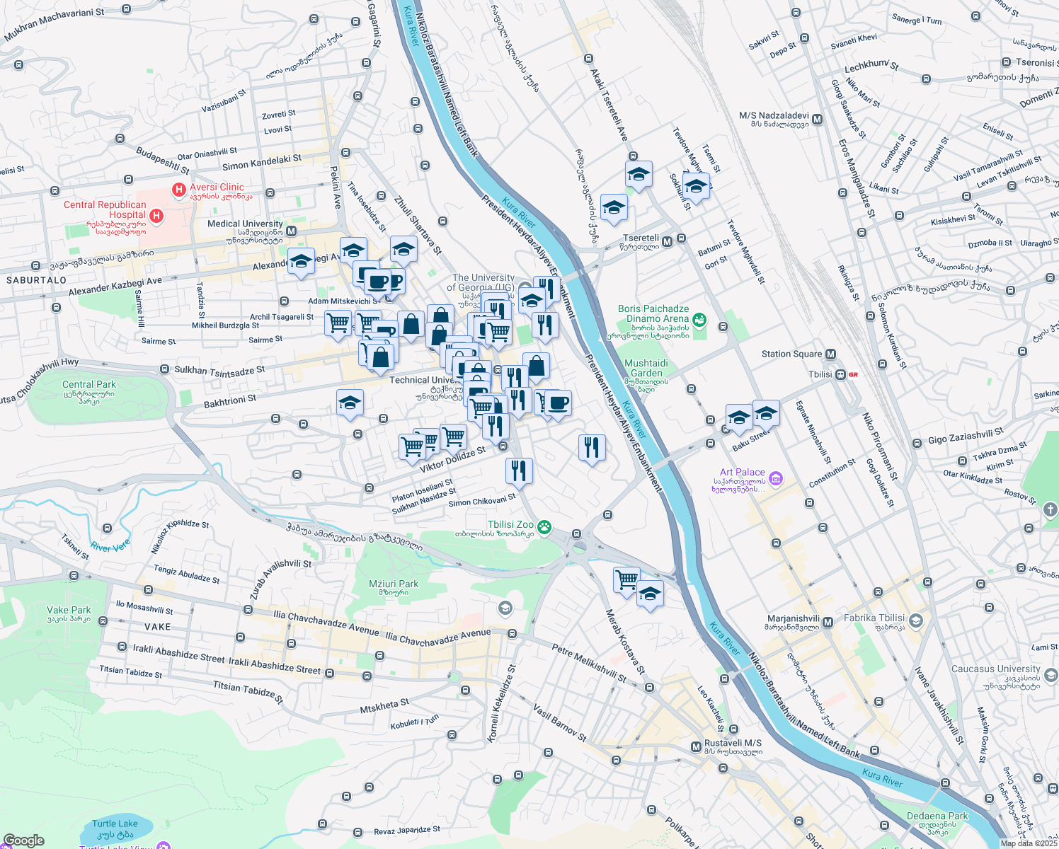 map of restaurants, bars, coffee shops, grocery stores, and more near Bidzina Kvernadze Street in Tbilisi