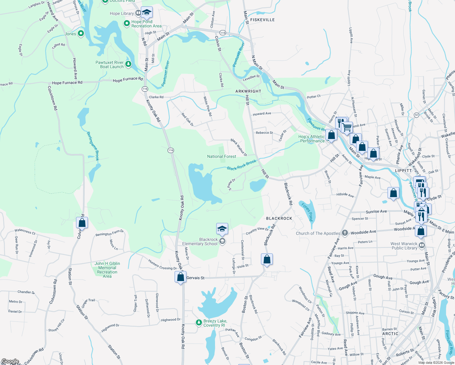 map of restaurants, bars, coffee shops, grocery stores, and more near 21 South Pond Drive in Coventry