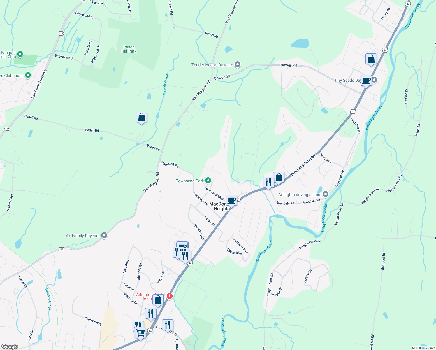 map of restaurants, bars, coffee shops, grocery stores, and more near 3 Harvard Drive in Poughkeepsie