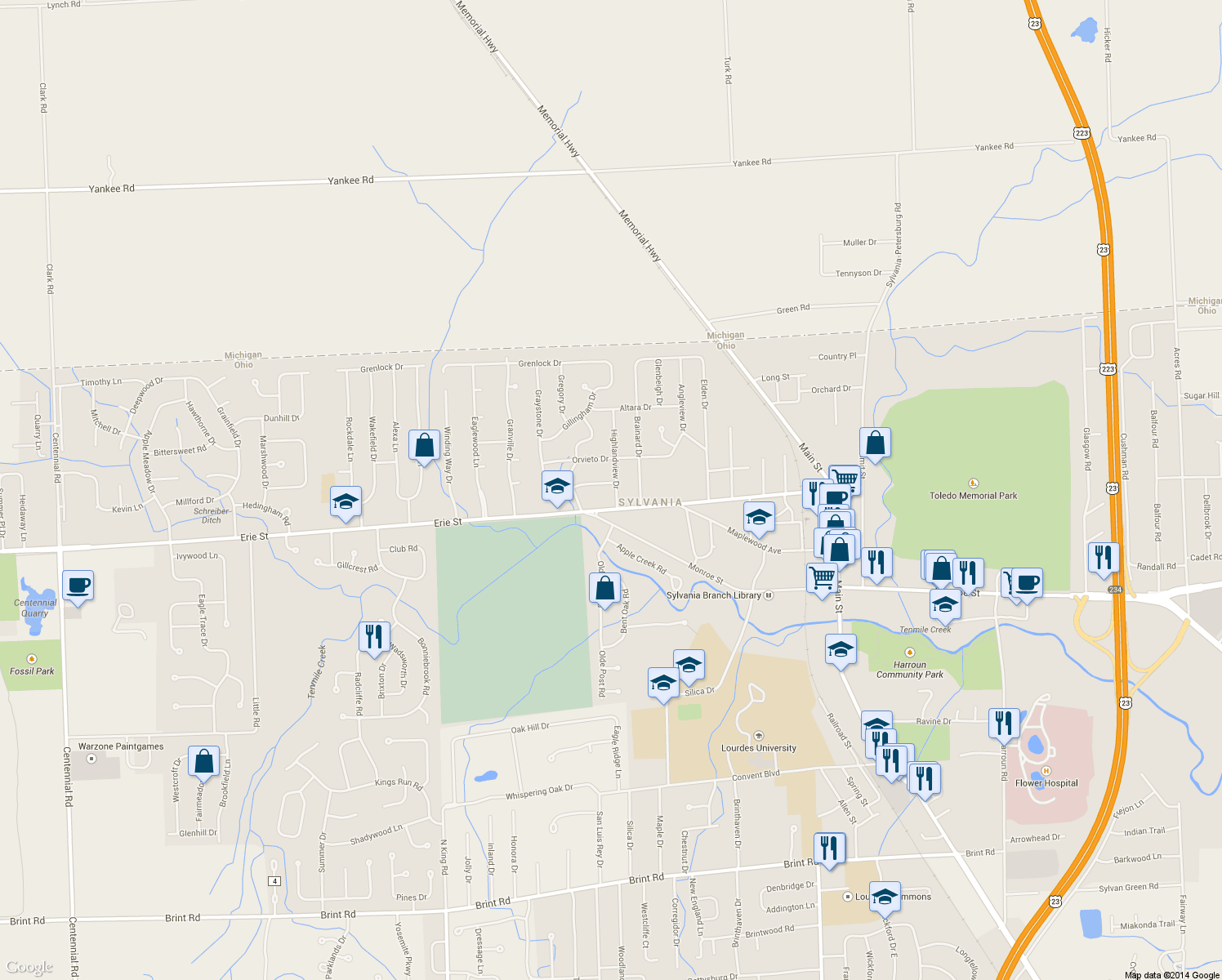 map of restaurants, bars, coffee shops, grocery stores, and more near 5825 Highland View Dr in Sylvania