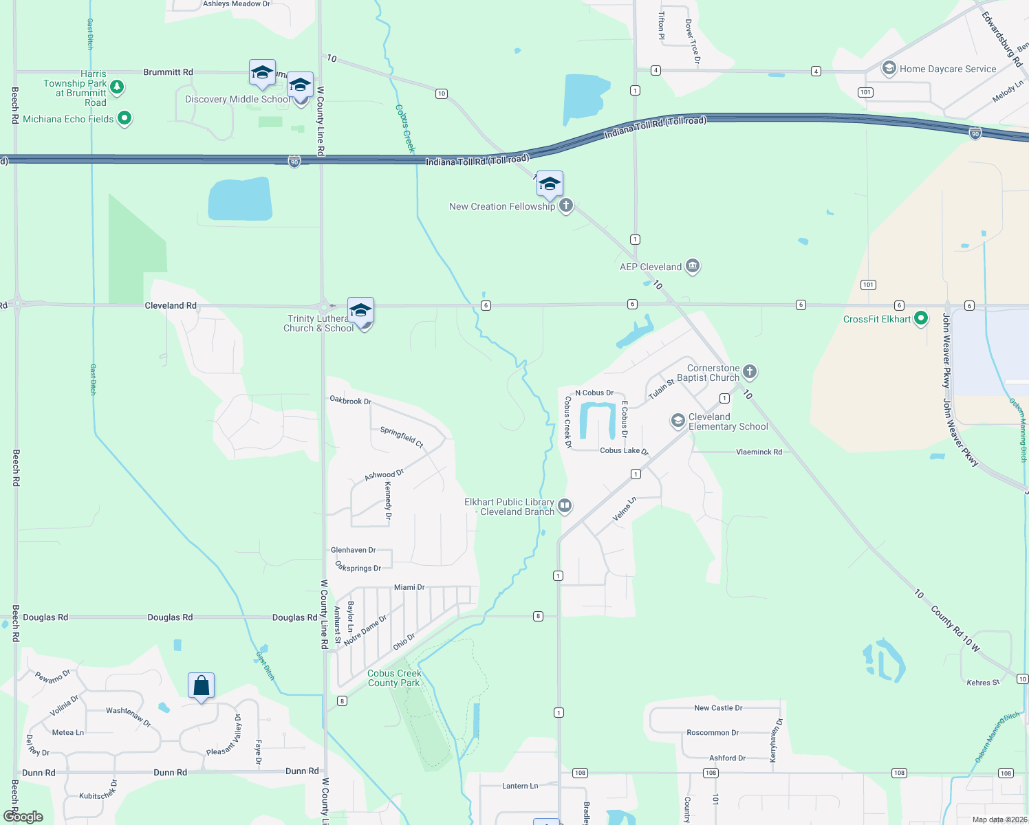map of restaurants, bars, coffee shops, grocery stores, and more near 53331 Old Farm Rd in Elkhart