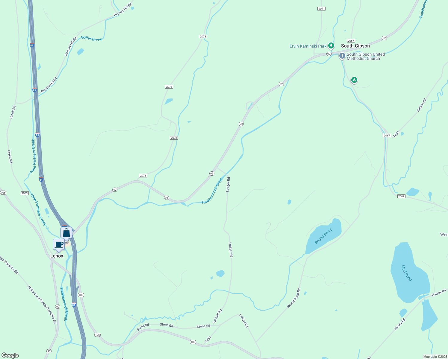 map of restaurants, bars, coffee shops, grocery stores, and more near 7590 Pennsylvania 92 in South Gibson