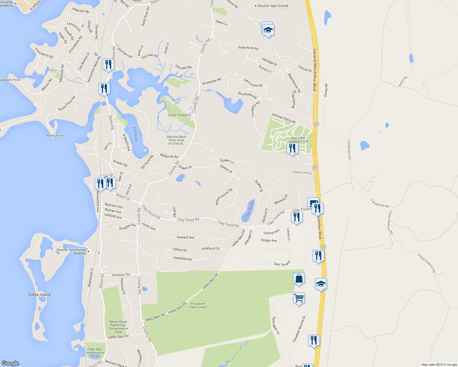 map of restaurants, bars, coffee shops, grocery stores, and more near 8 Friendship Lane in Bourne