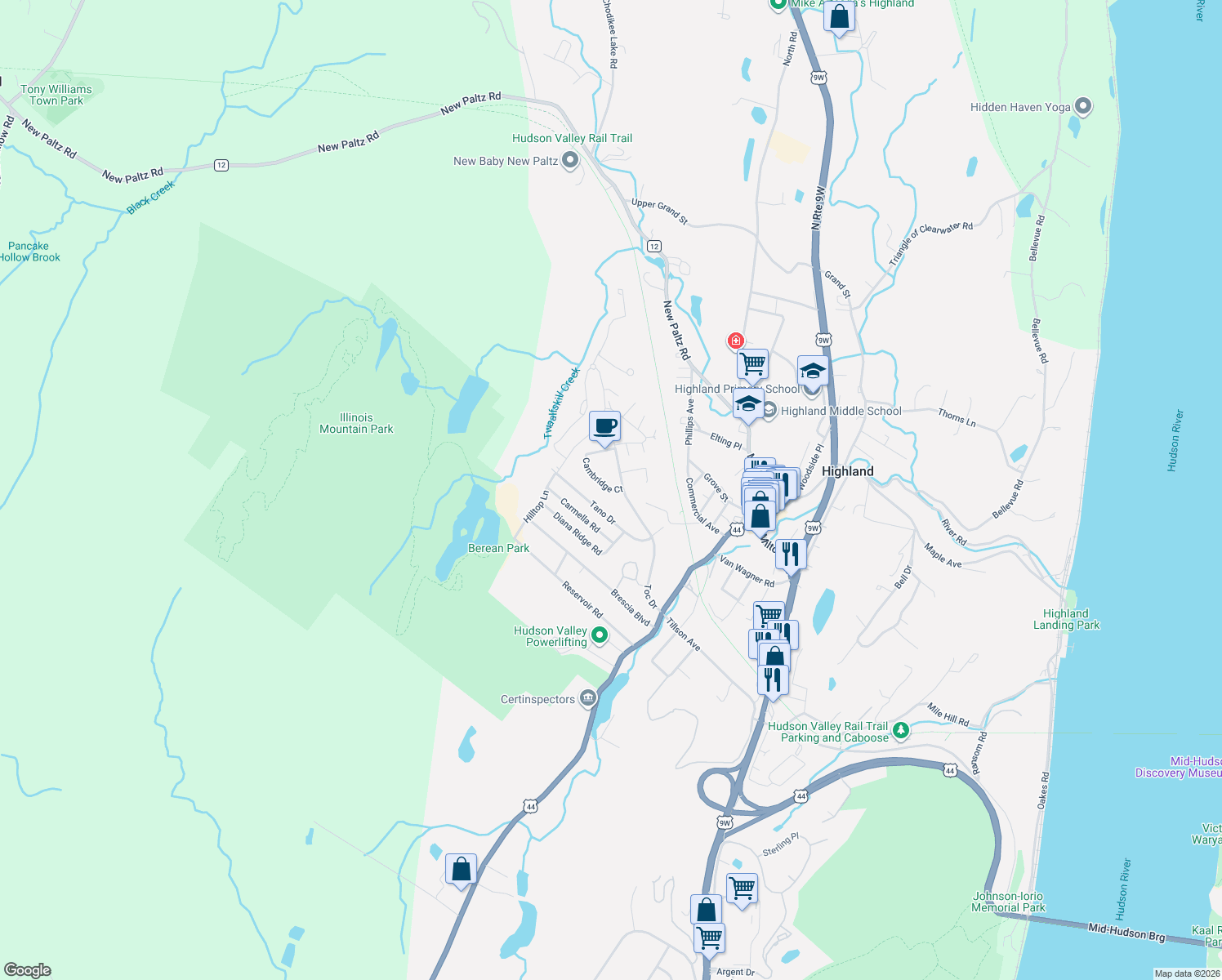 map of restaurants, bars, coffee shops, grocery stores, and more near 52 Cambridge Court in Highland