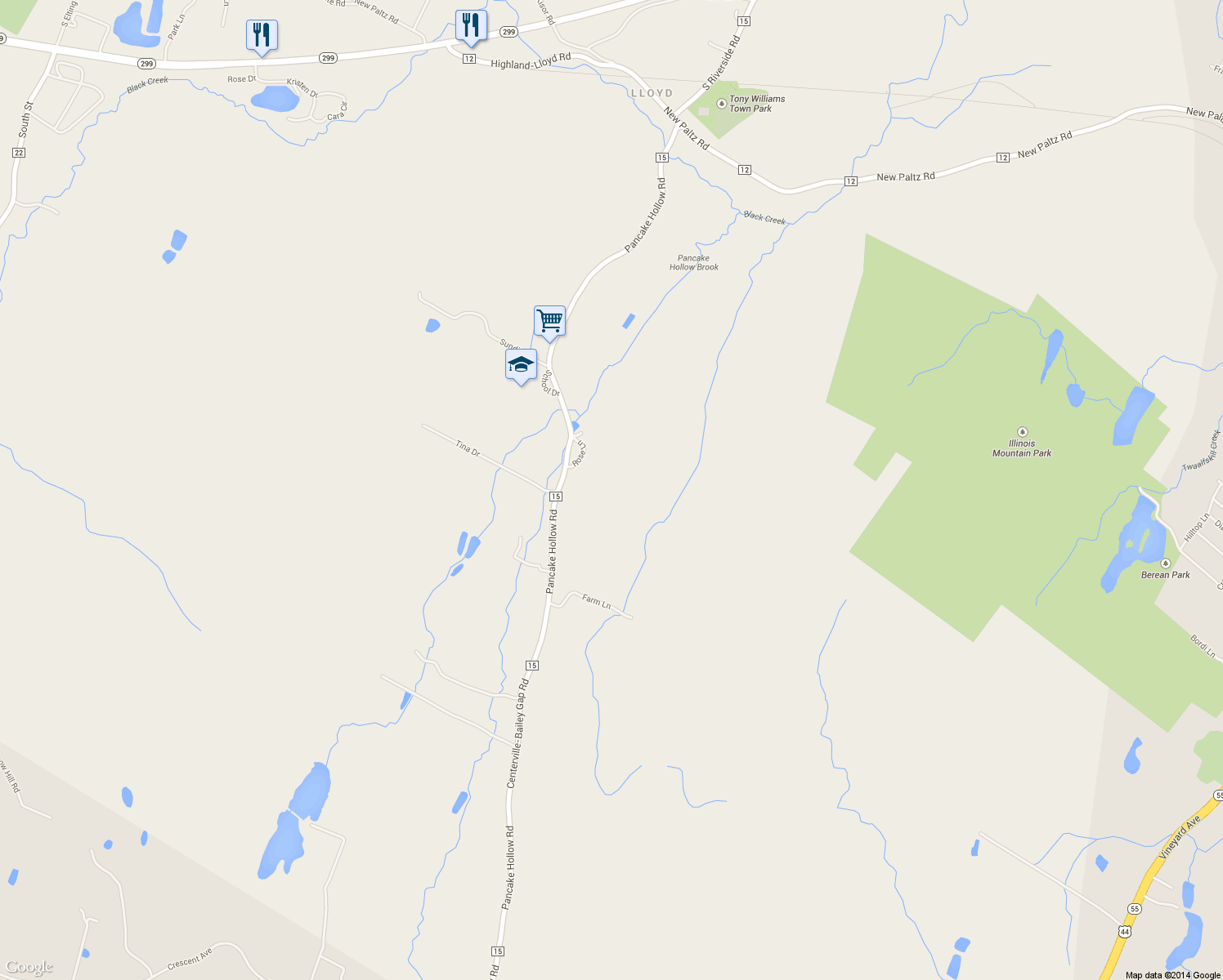 map of restaurants, bars, coffee shops, grocery stores, and more near 277 Pancake Hollow Road in Highland