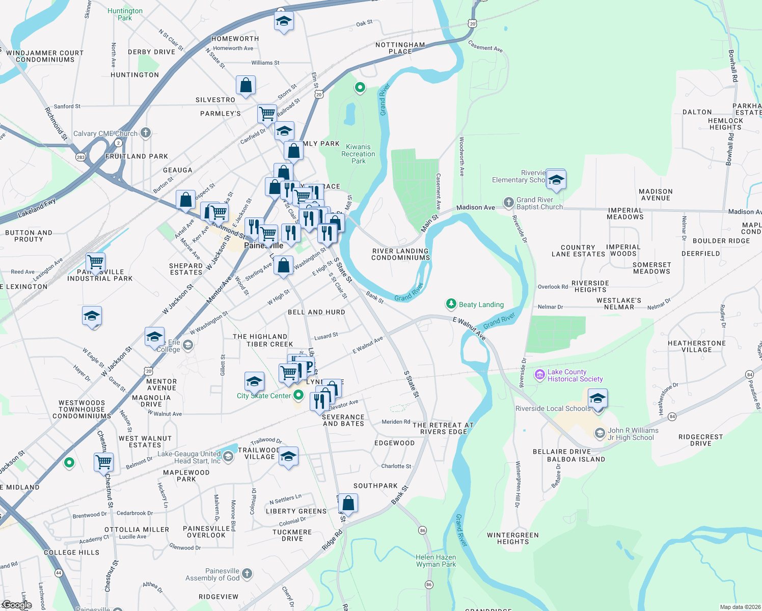 map of restaurants, bars, coffee shops, grocery stores, and more near 324 Bank Street in Painesville