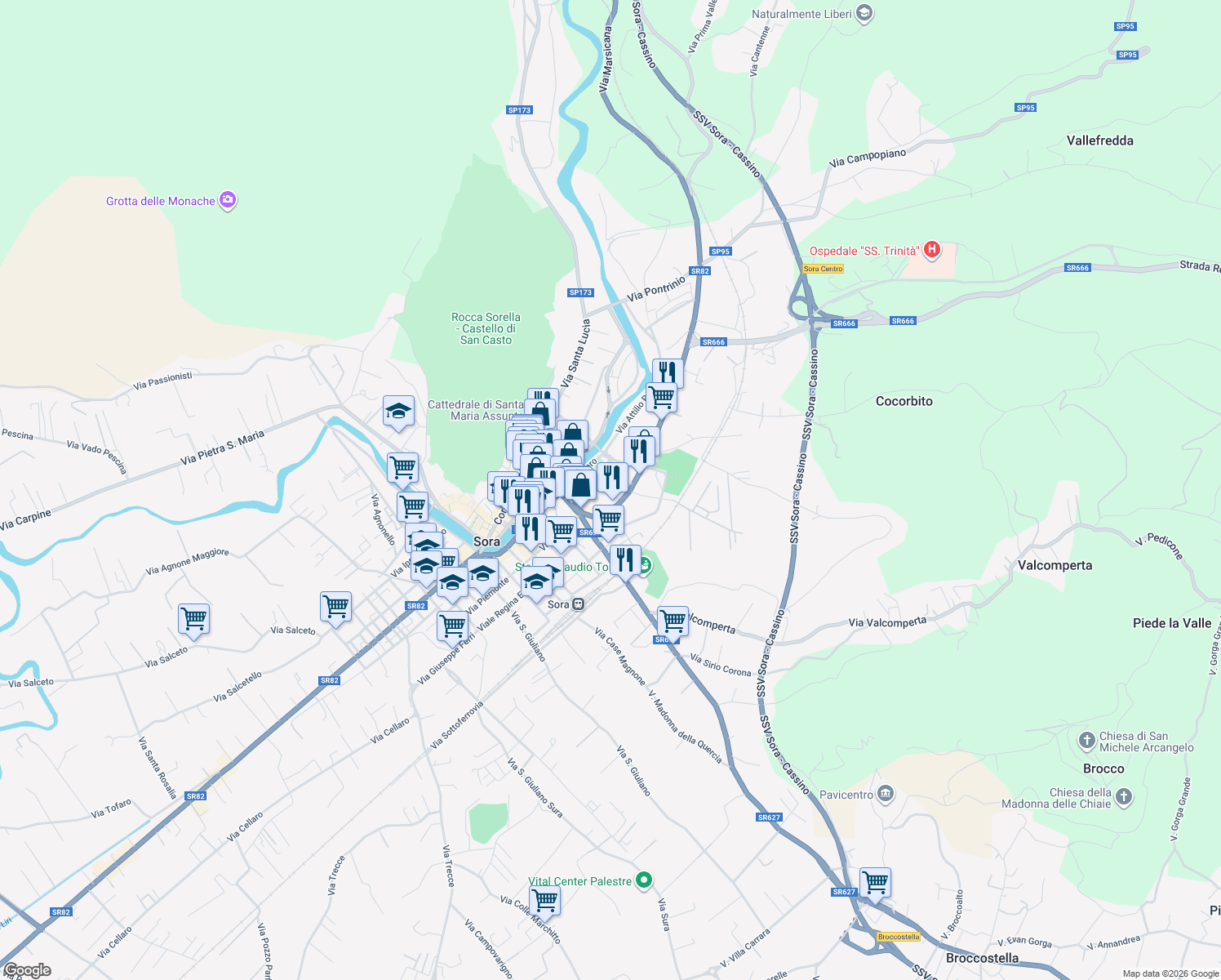 map of restaurants, bars, coffee shops, grocery stores, and more near 35 Via Borgo San Nicola in Sora