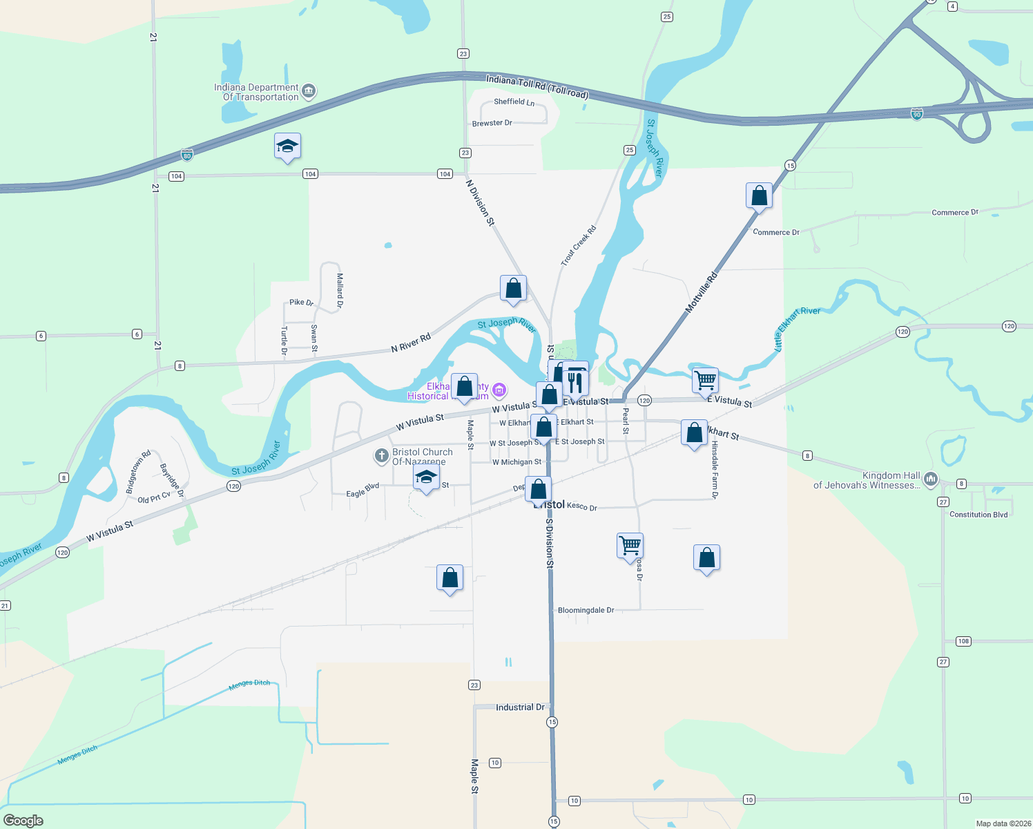 map of restaurants, bars, coffee shops, grocery stores, and more near 207 East Vistula Street in Bristol