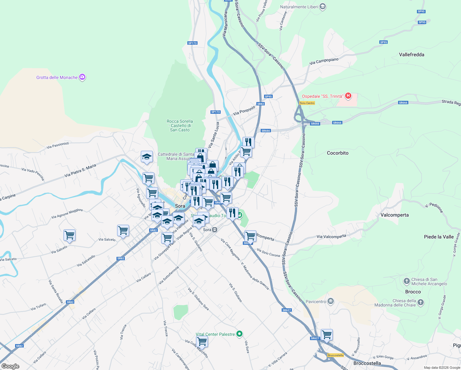 map of restaurants, bars, coffee shops, grocery stores, and more near 35 Via Borgo San Nicola in Sora