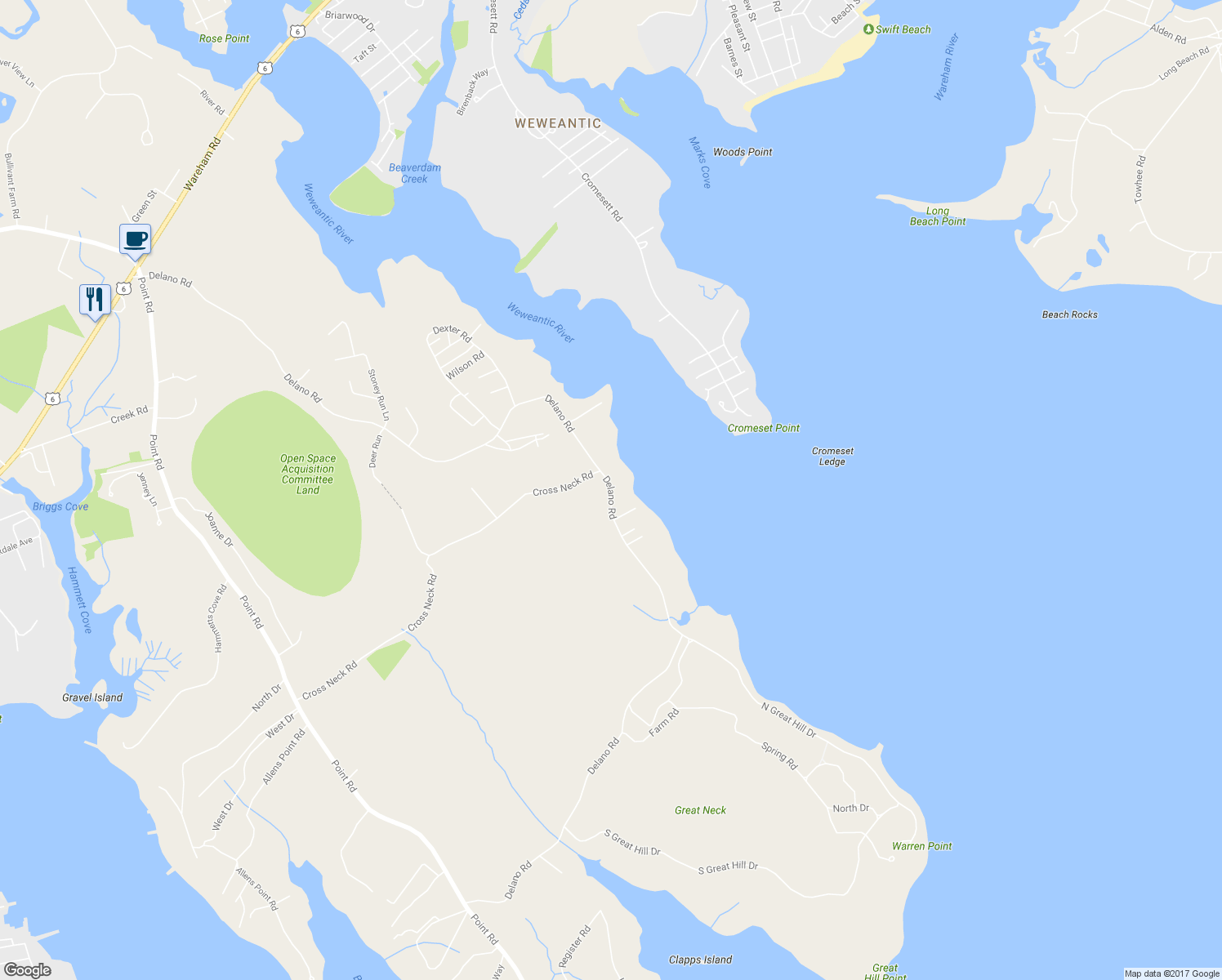 map of restaurants, bars, coffee shops, grocery stores, and more near 305 Delano Road in Marion