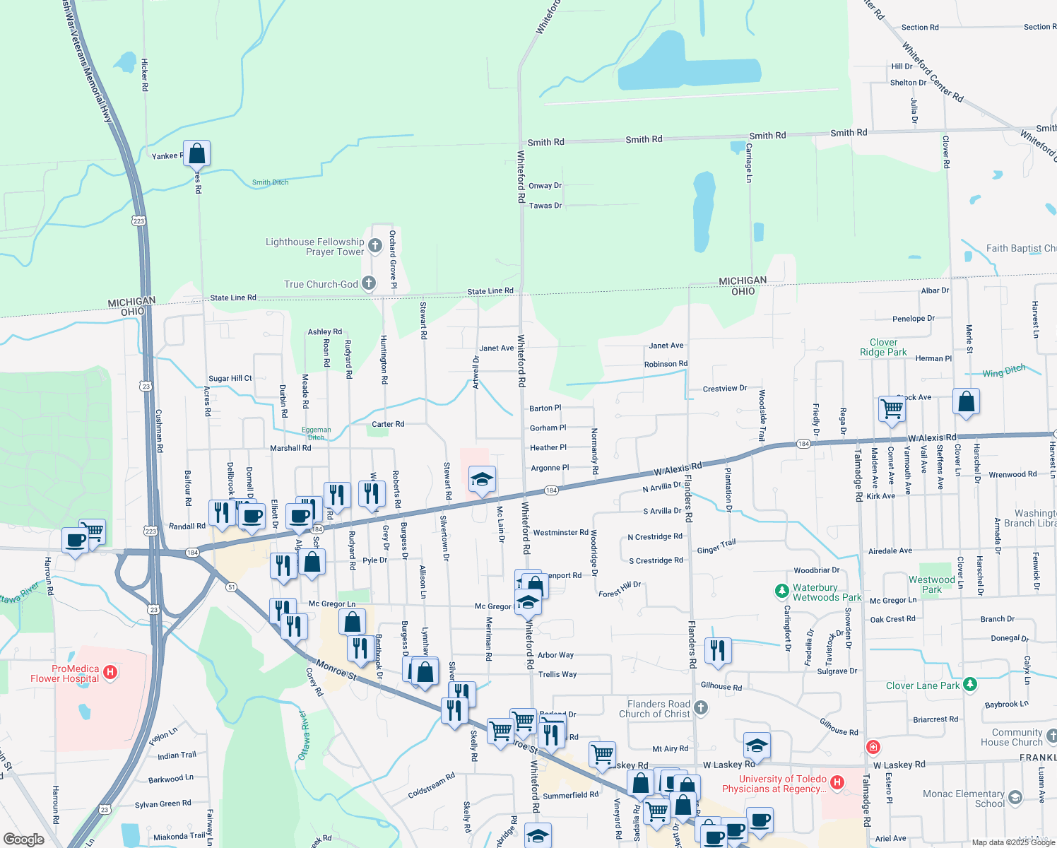 map of restaurants, bars, coffee shops, grocery stores, and more near 5836 Whiteford Road in Sylvania