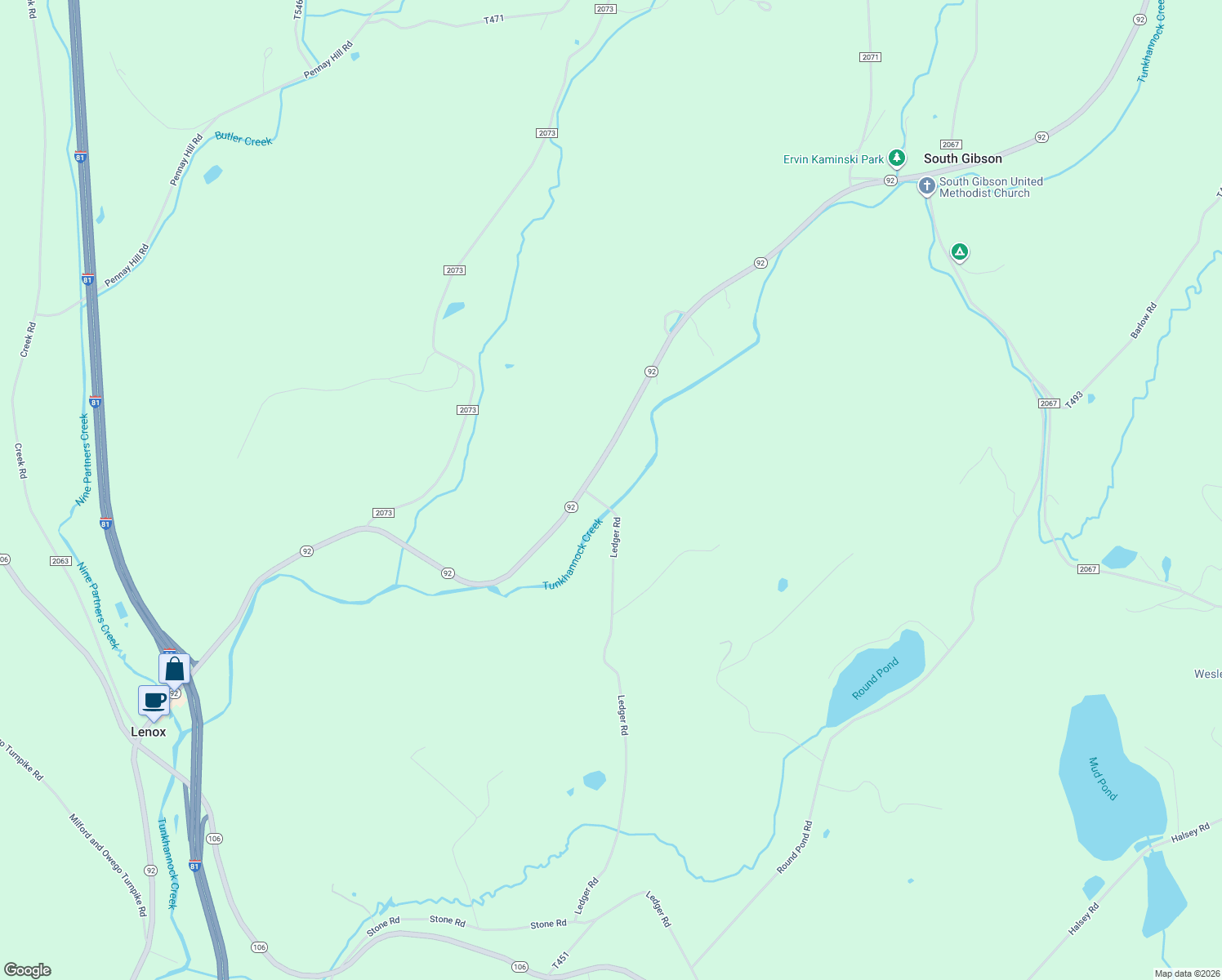 map of restaurants, bars, coffee shops, grocery stores, and more near 7590 Pennsylvania 92 in South Gibson