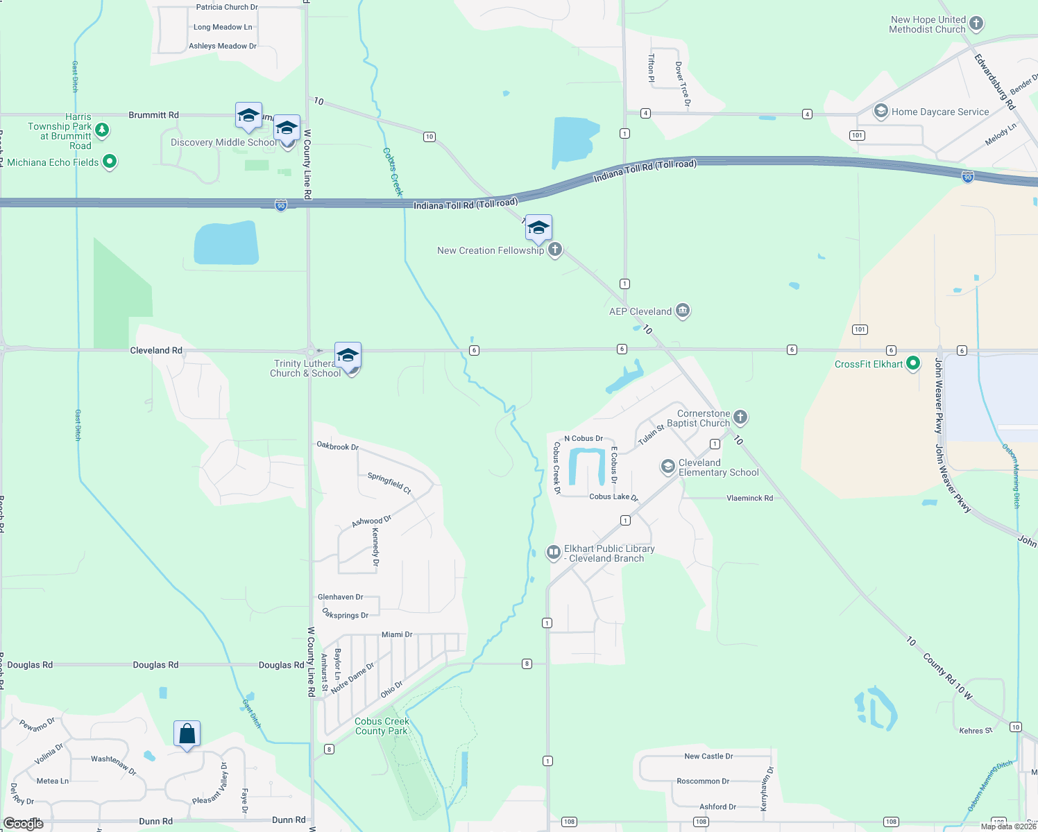 map of restaurants, bars, coffee shops, grocery stores, and more near 53210 Old Farm Road in Elkhart