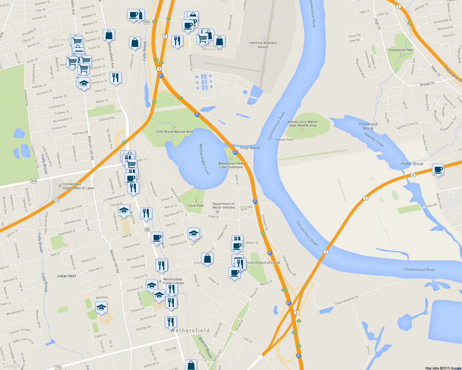 map of restaurants, bars, coffee shops, grocery stores, and more near 503 Main Street in Wethersfield