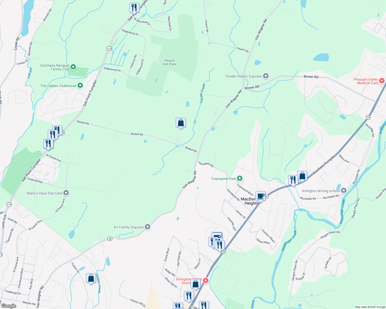 map of restaurants, bars, coffee shops, grocery stores, and more near 148 Bedell Road in Poughkeepsie