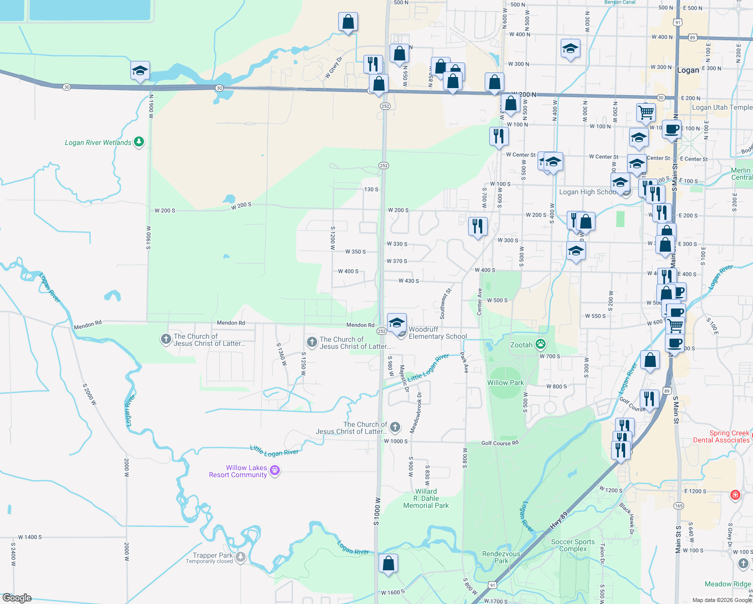 map of restaurants, bars, coffee shops, grocery stores, and more near 1033 W 500 S in Logan