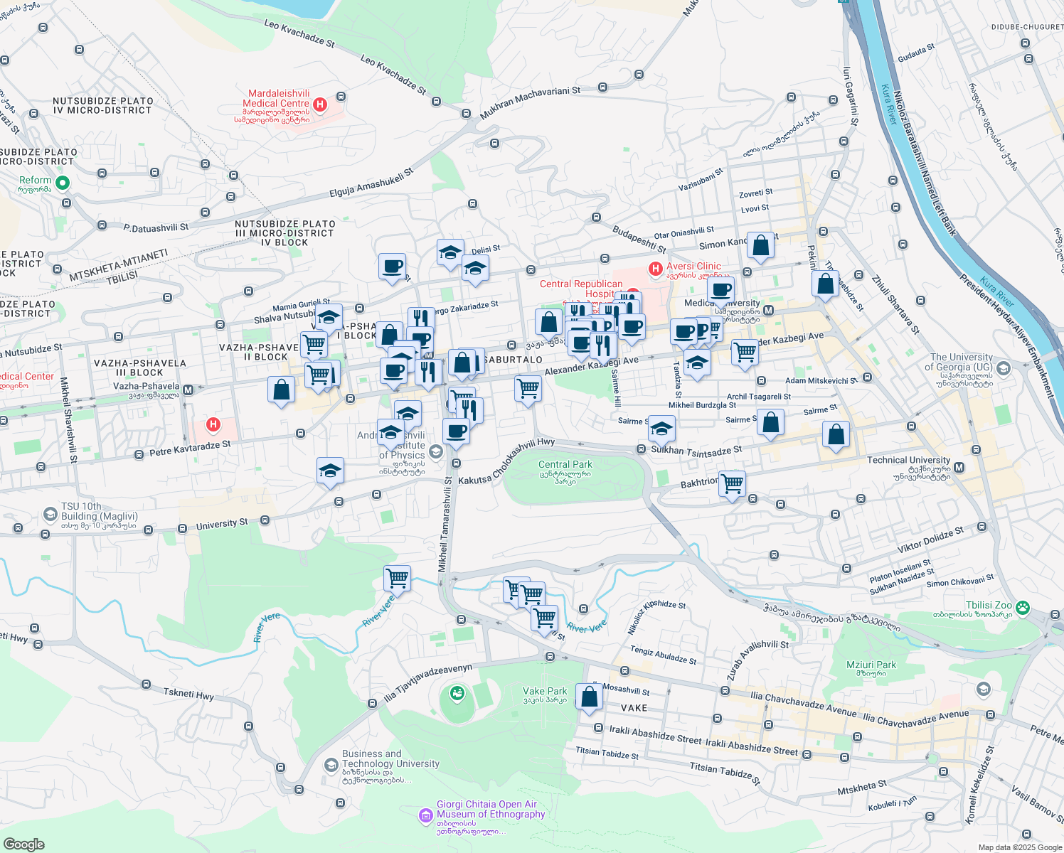 map of restaurants, bars, coffee shops, grocery stores, and more near 6 Givi Kartozia Street in T'bilisi